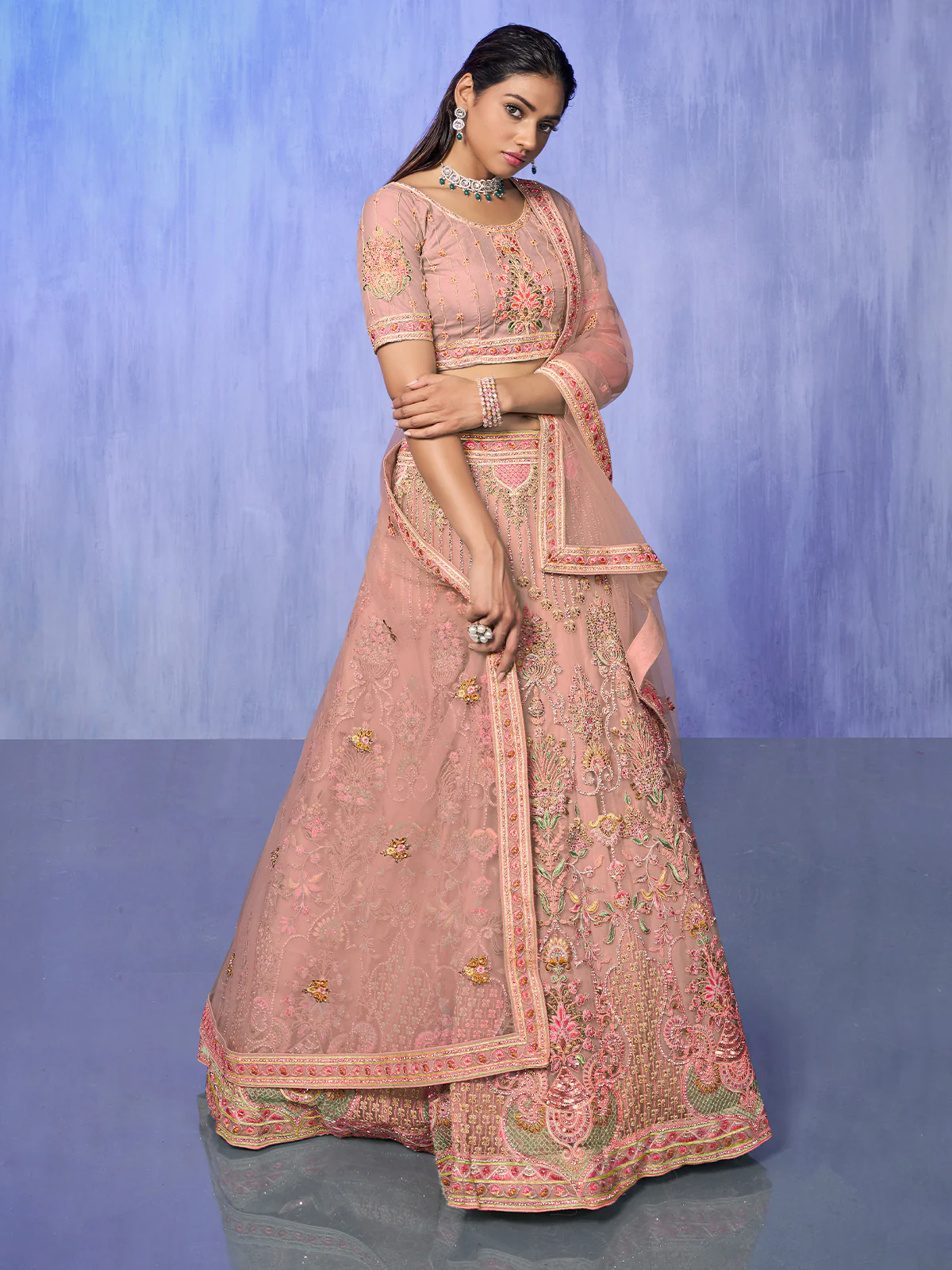 Odette Peach Embroidered Net Semi Stitched Lehenga With Unstitched Blouse  For Women - Image 2