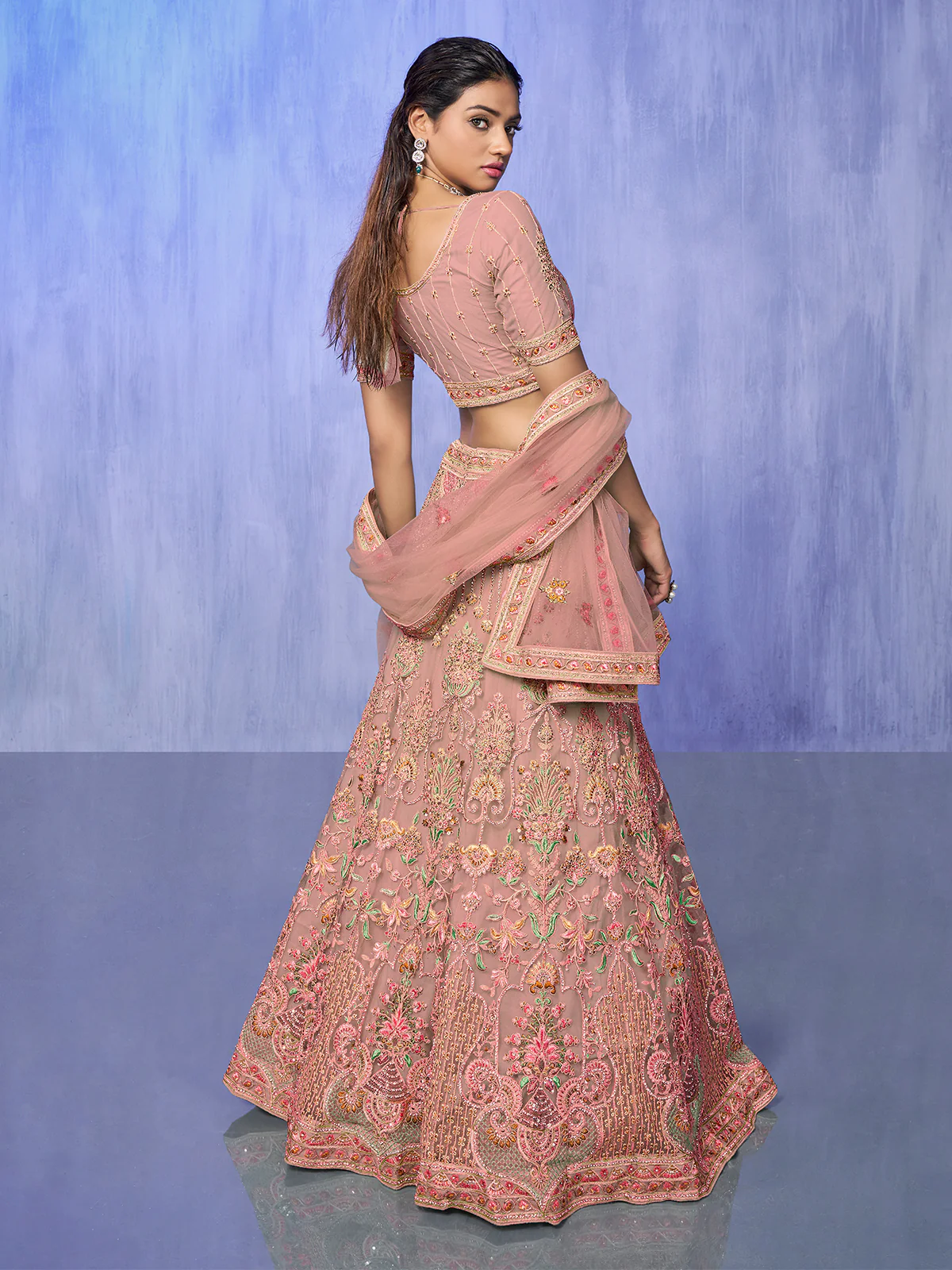 Odette Peach Embroidered Net Semi Stitched Lehenga With Unstitched Blouse  For Women - Image 3