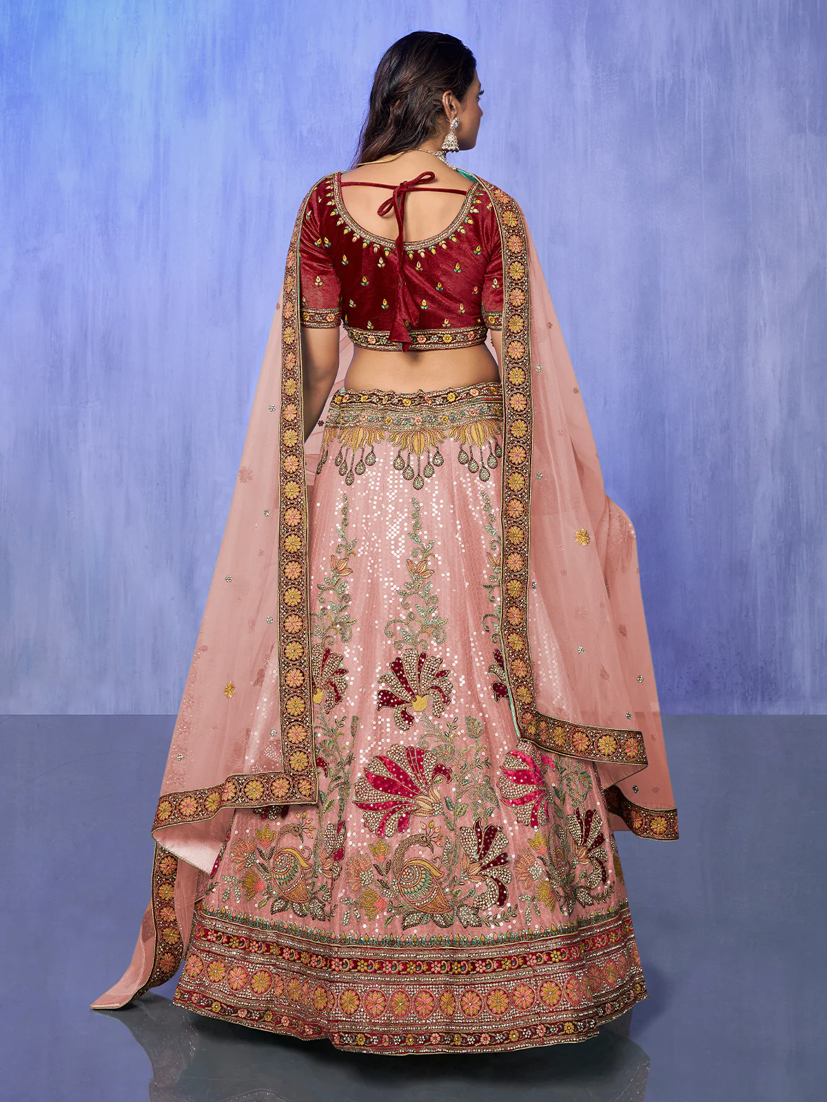 Odette Peach Embroidered Velvet Semi Stitched Lehenga With Unstitched Blouse For Women - Image 4