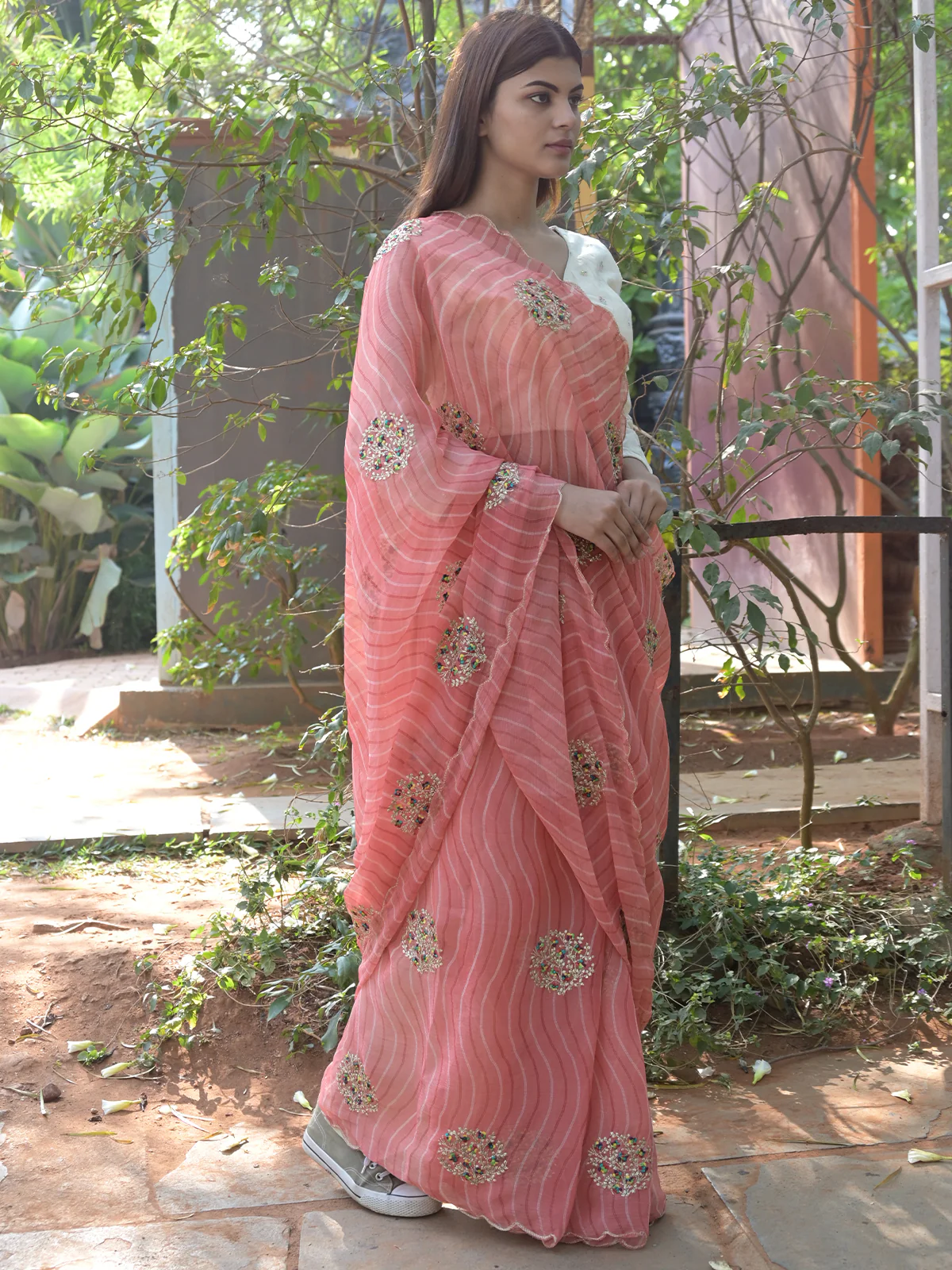 Odette Peach Embroidered Simmar Saree with Unstitched Blouse for Women - Image 2