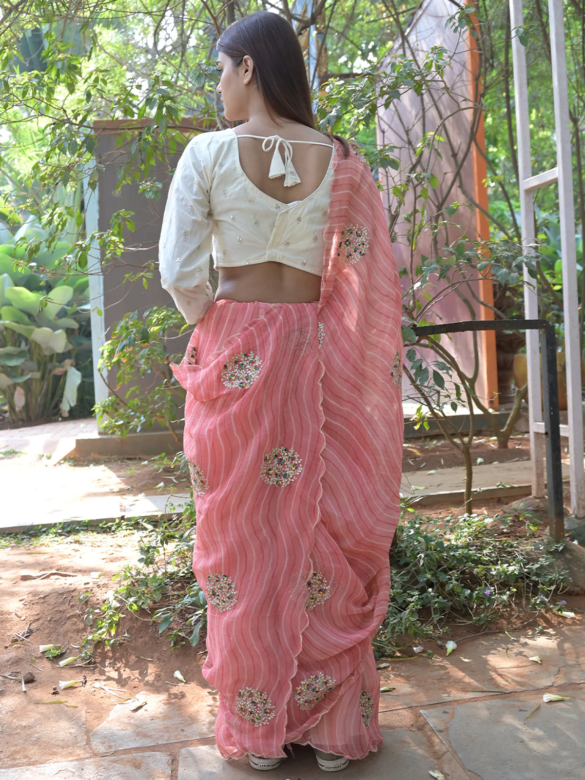 Odette Peach Embroidered Simmar Saree with Unstitched Blouse for Women - Image 3