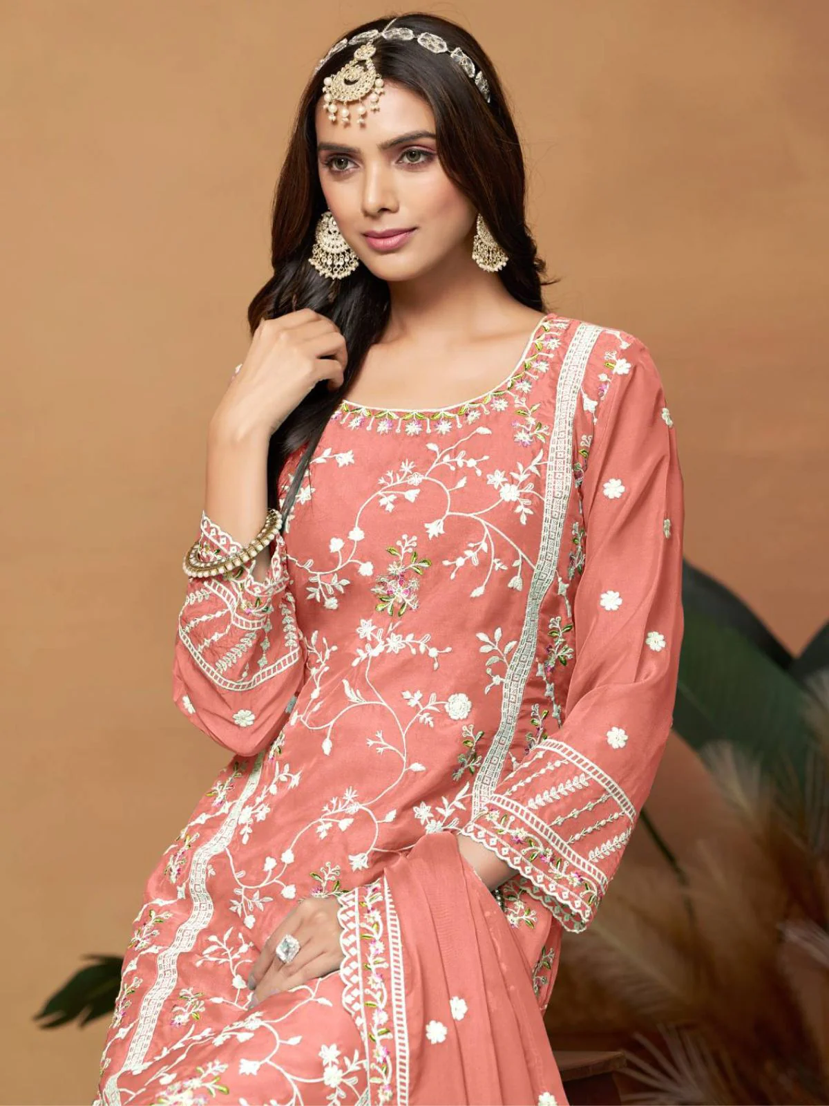 Odette Peach Embroidered Soft Organza Unstitched Kurta Set For Women - Image 3