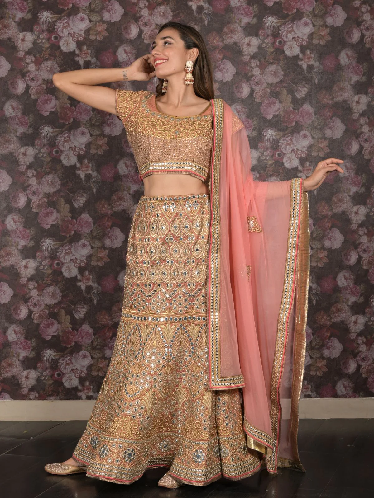 Odette Peach Embroidered Stitched Silk Blend Lehenga With Stitched Blouse For Women - Image 2