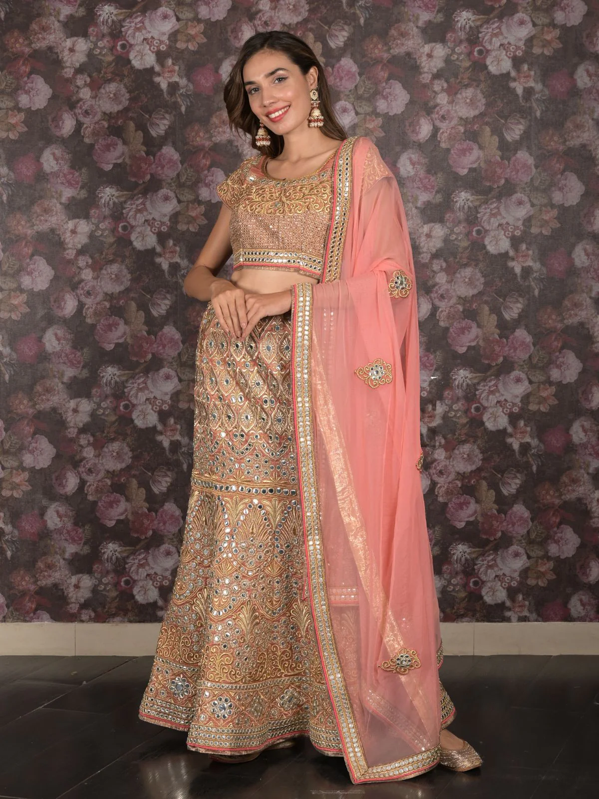 Odette Peach Embroidered Stitched Silk Blend Lehenga With Stitched Blouse For Women - Image 3