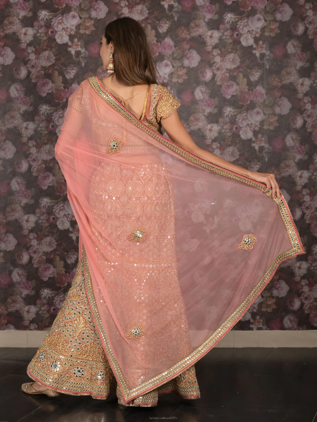 Odette Peach Embroidered Stitched Silk Blend Lehenga With Stitched Blouse For Women - Image 4