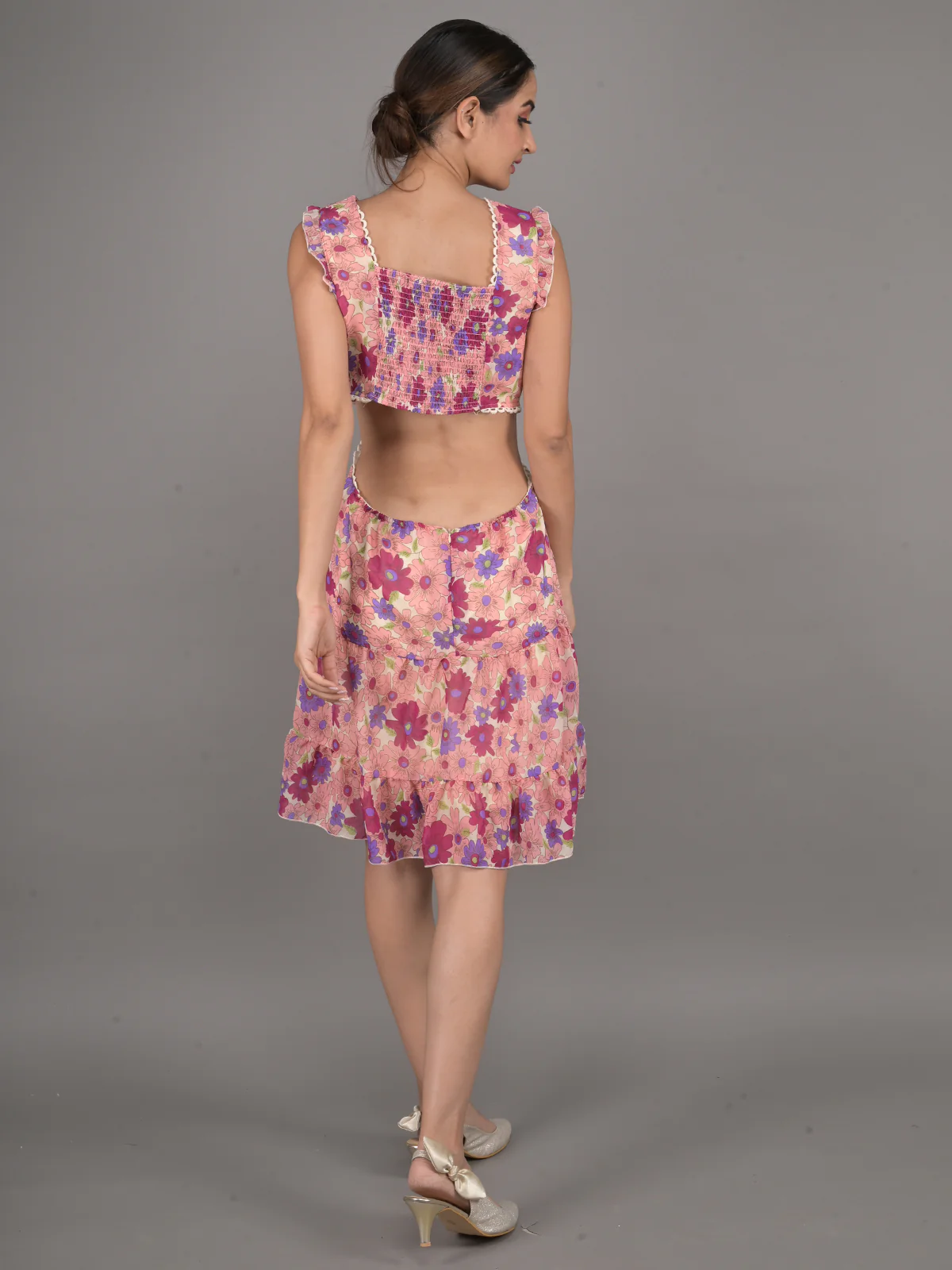 Odette Peach Floral Printed Cut-Out Tiered Fit & Flare Stitched Dress for Women - Image 3
