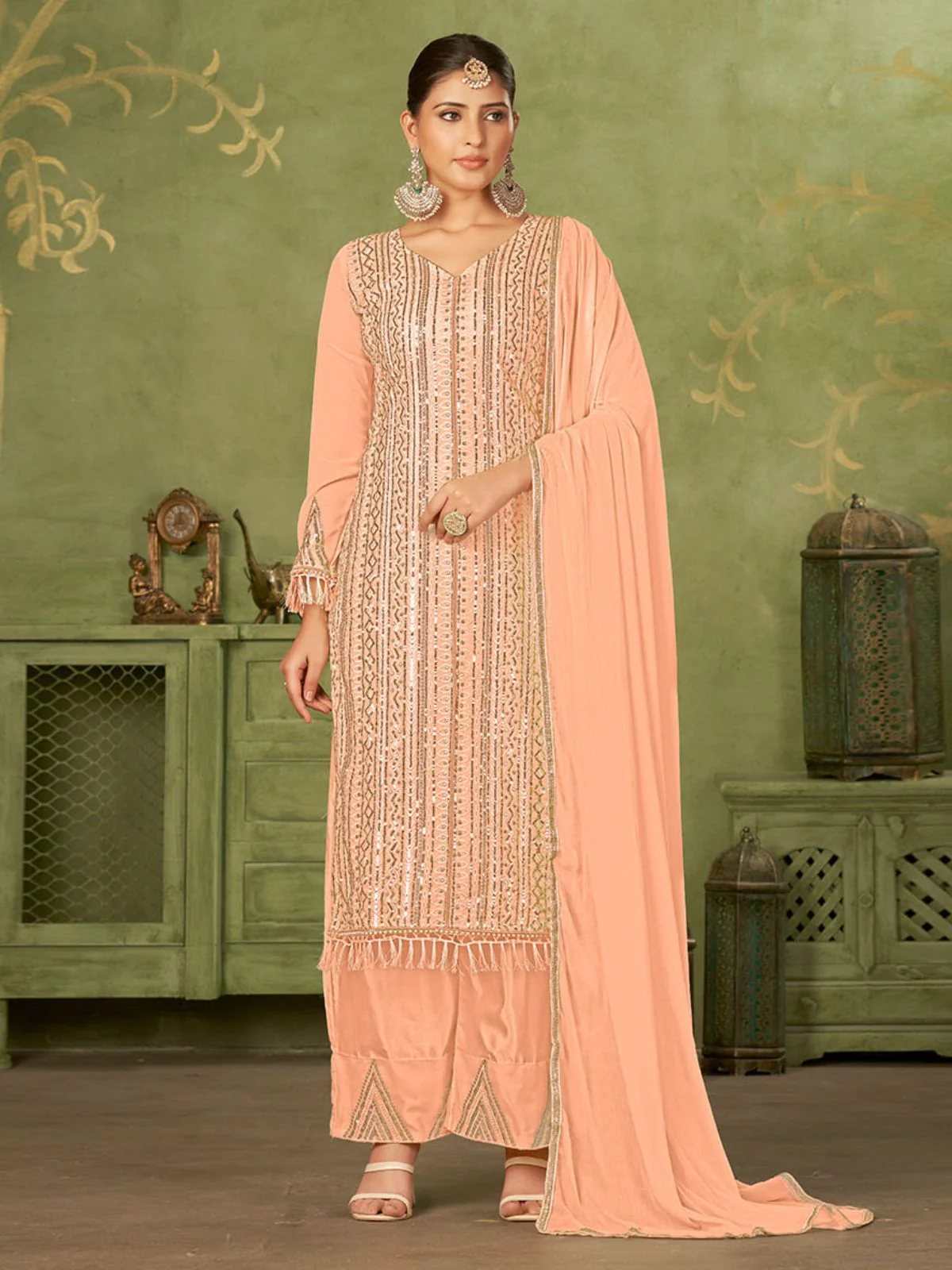 Odette Peach Georgette Embellished Semi Stitched Kurta Set For Women