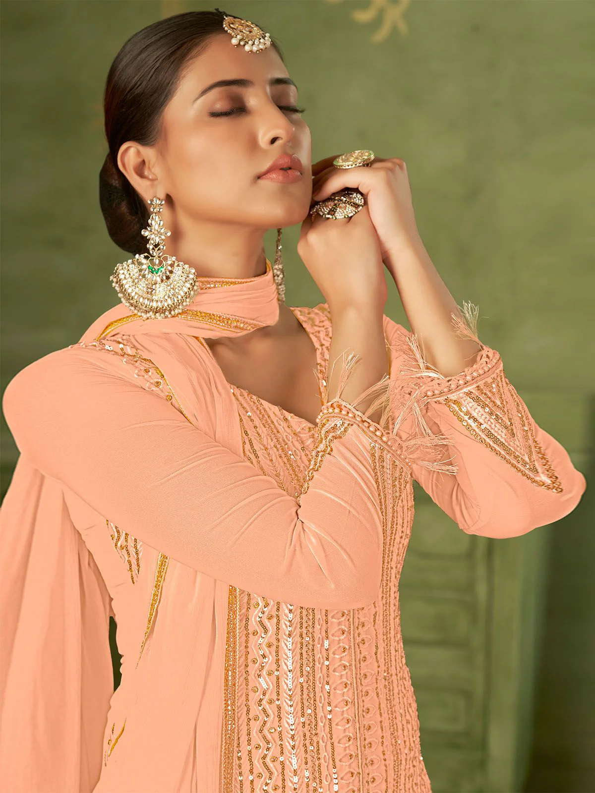 Odette Peach Georgette Embellished Semi Stitched Kurta Set For Women - Image 2