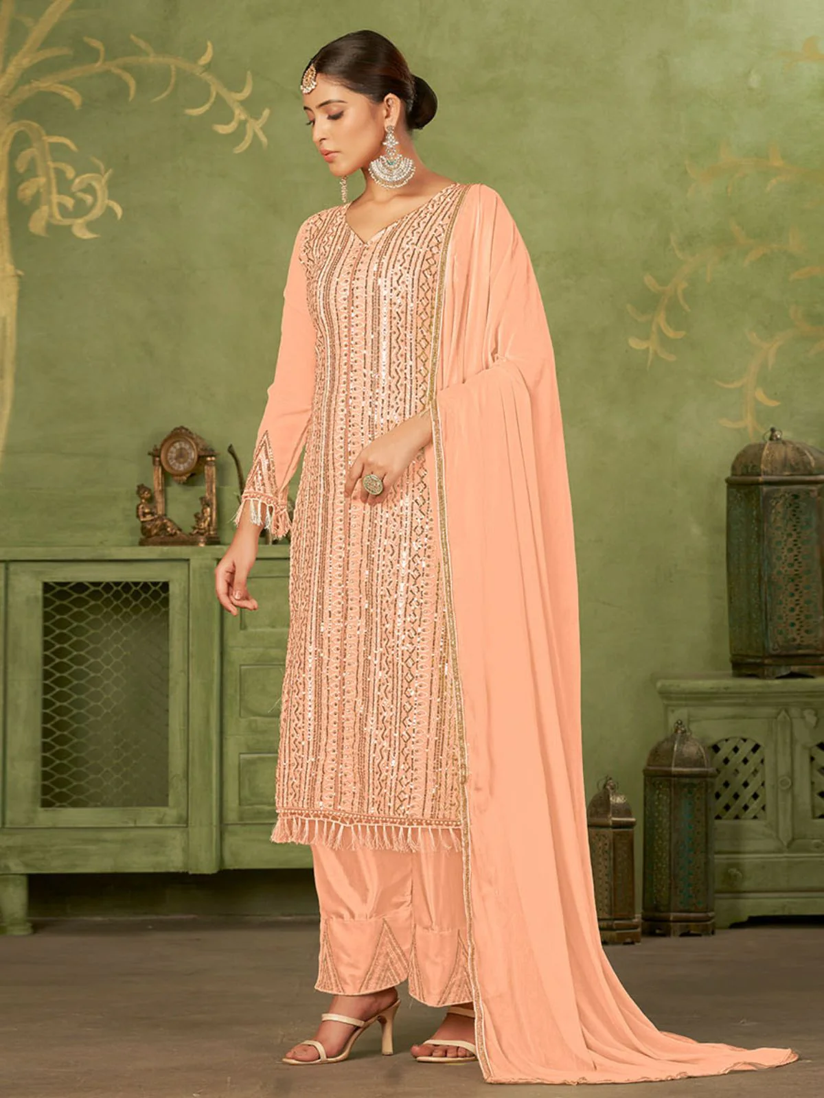 Odette Peach Georgette Embellished Semi Stitched Kurta Set For Women - Image 3