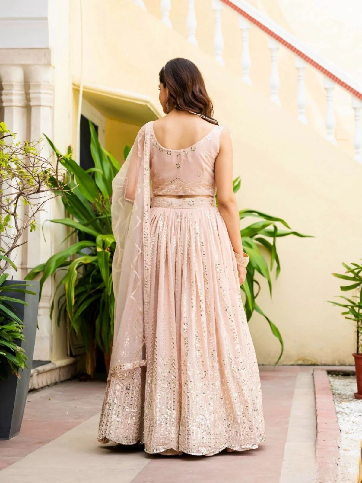 Odette Peach Georgette Embellished Semi Stitched Lehenga For Women - Image 4