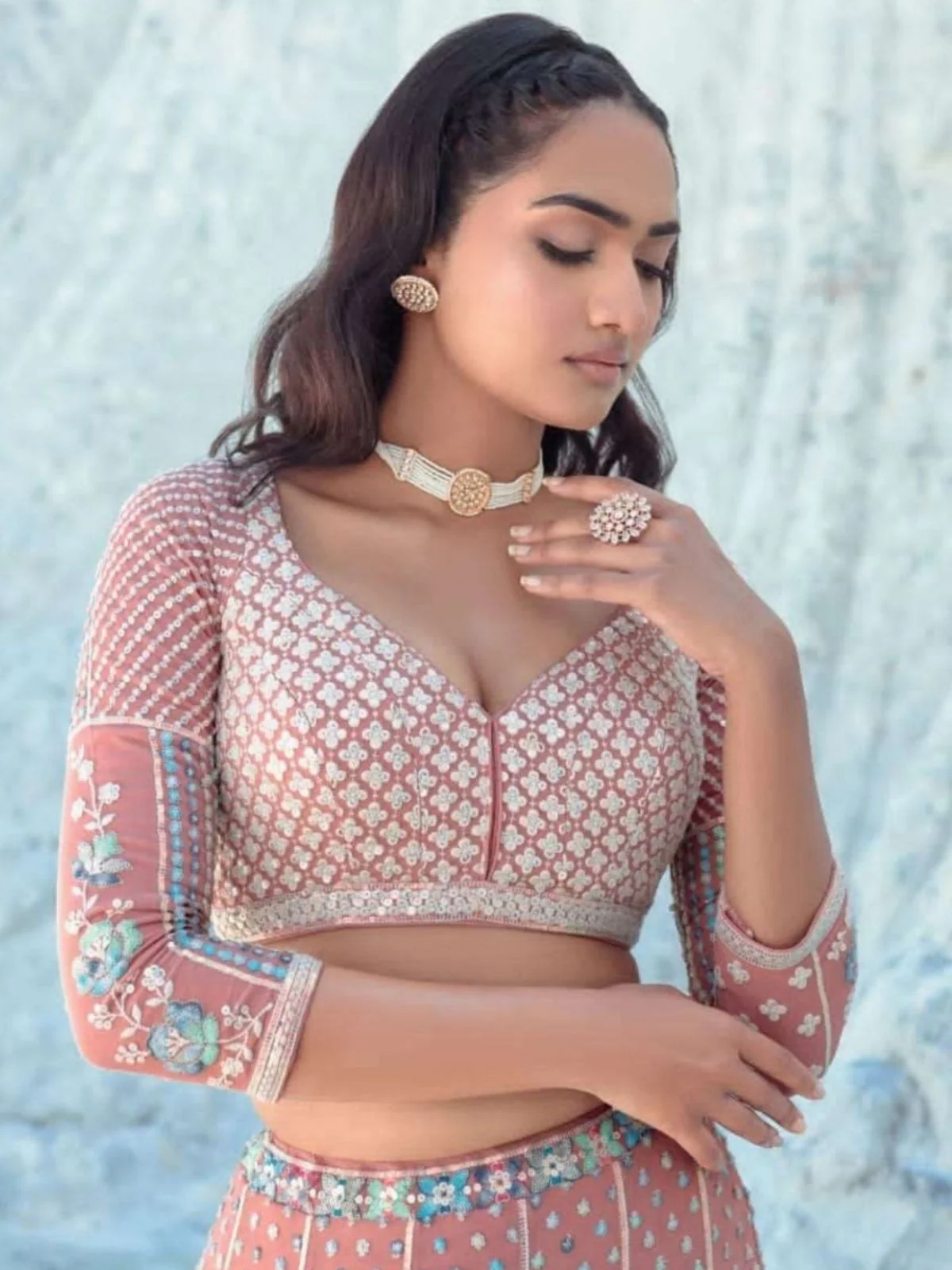 Odette Peach Georgette Embellished Semi-Stitched lehenga For Women - Image 3