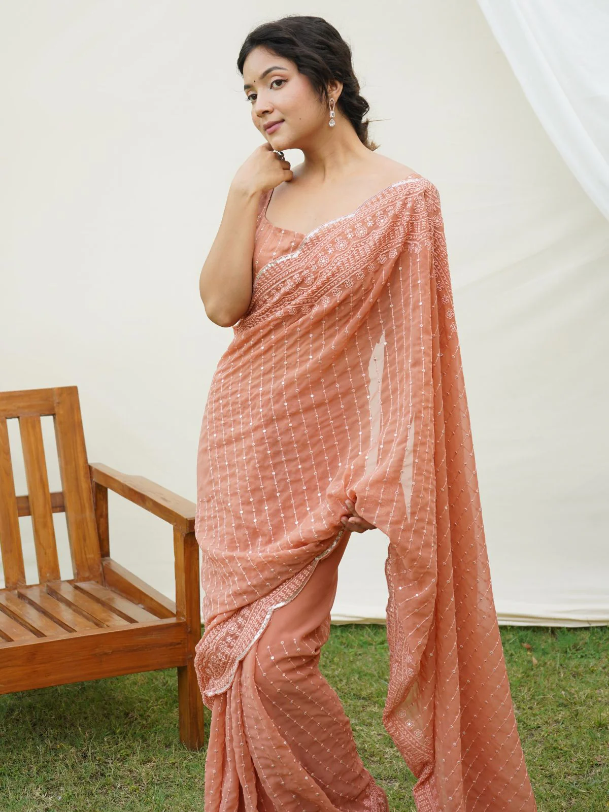 Odette Peach Georgette Embroidered Saree With Unstitched Blouse For Women - Image 6