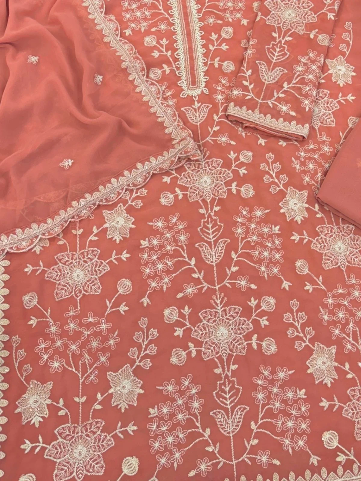 Odette Peach Georgette Embroidered Semi-Sitched Kurta Set For Women - Image 3