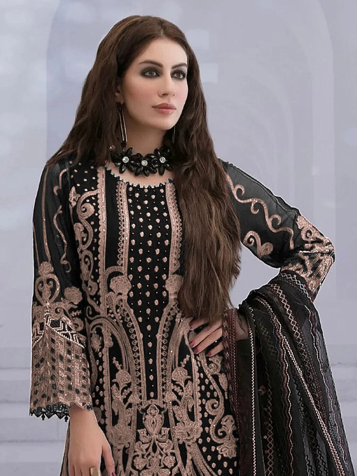 Odette Peach Georgette Embroidered Semi-Stitched Kurta Set For Women - Image 2