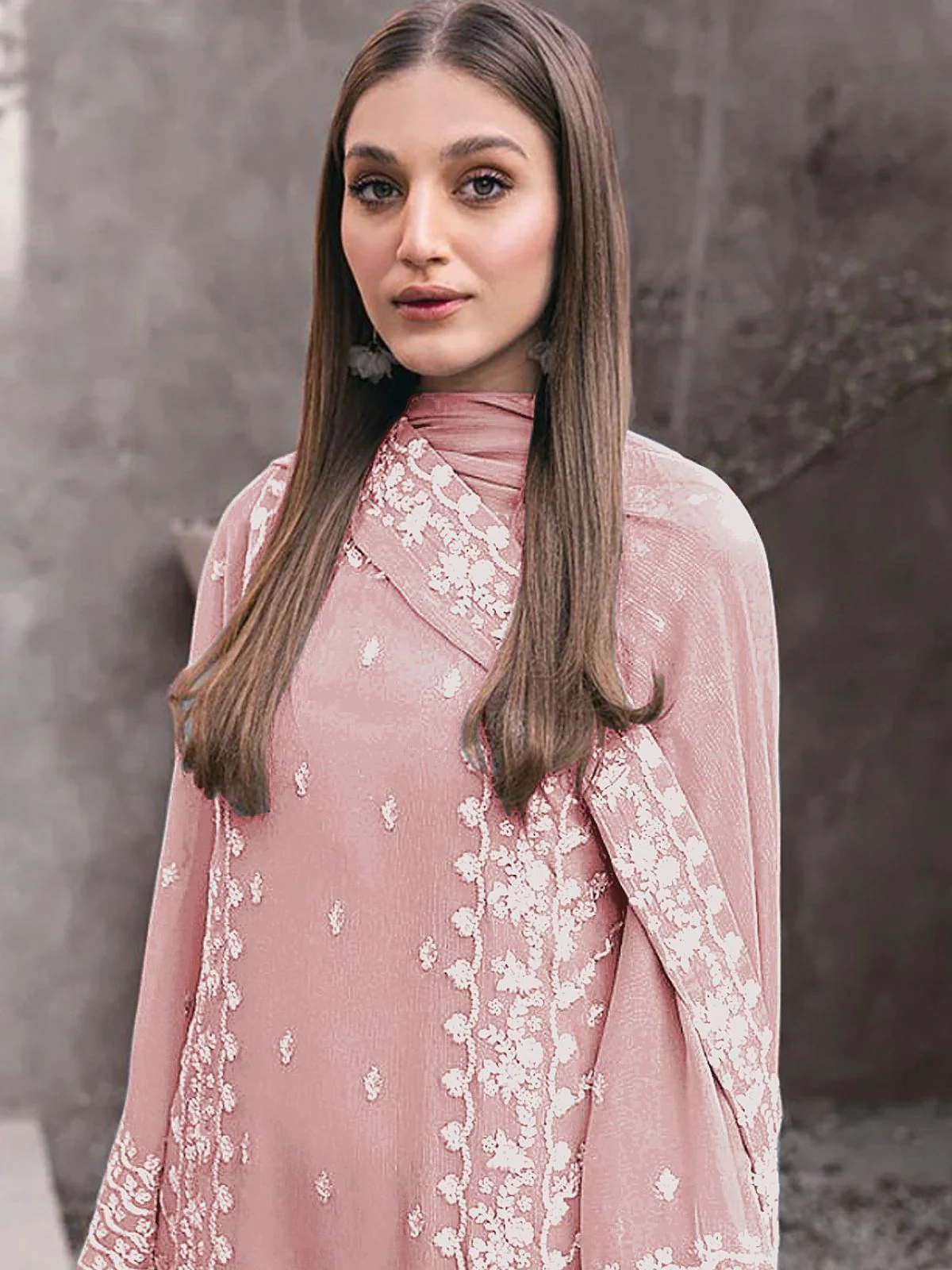 Odette Peach Georgette Embroidered Semi-Stitched Kurta Set For Women - Image 2