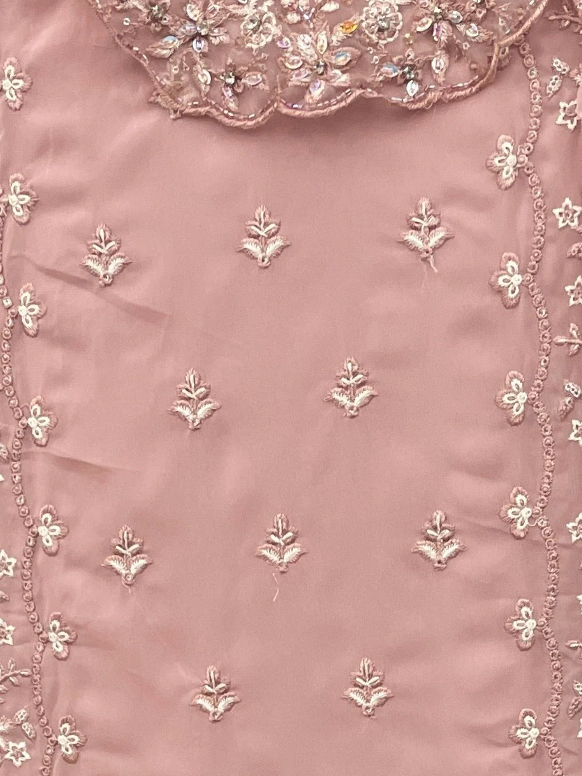 Odette Peach Georgette Embroidered Semi-Stitched Kurta Set For Women - Image 3