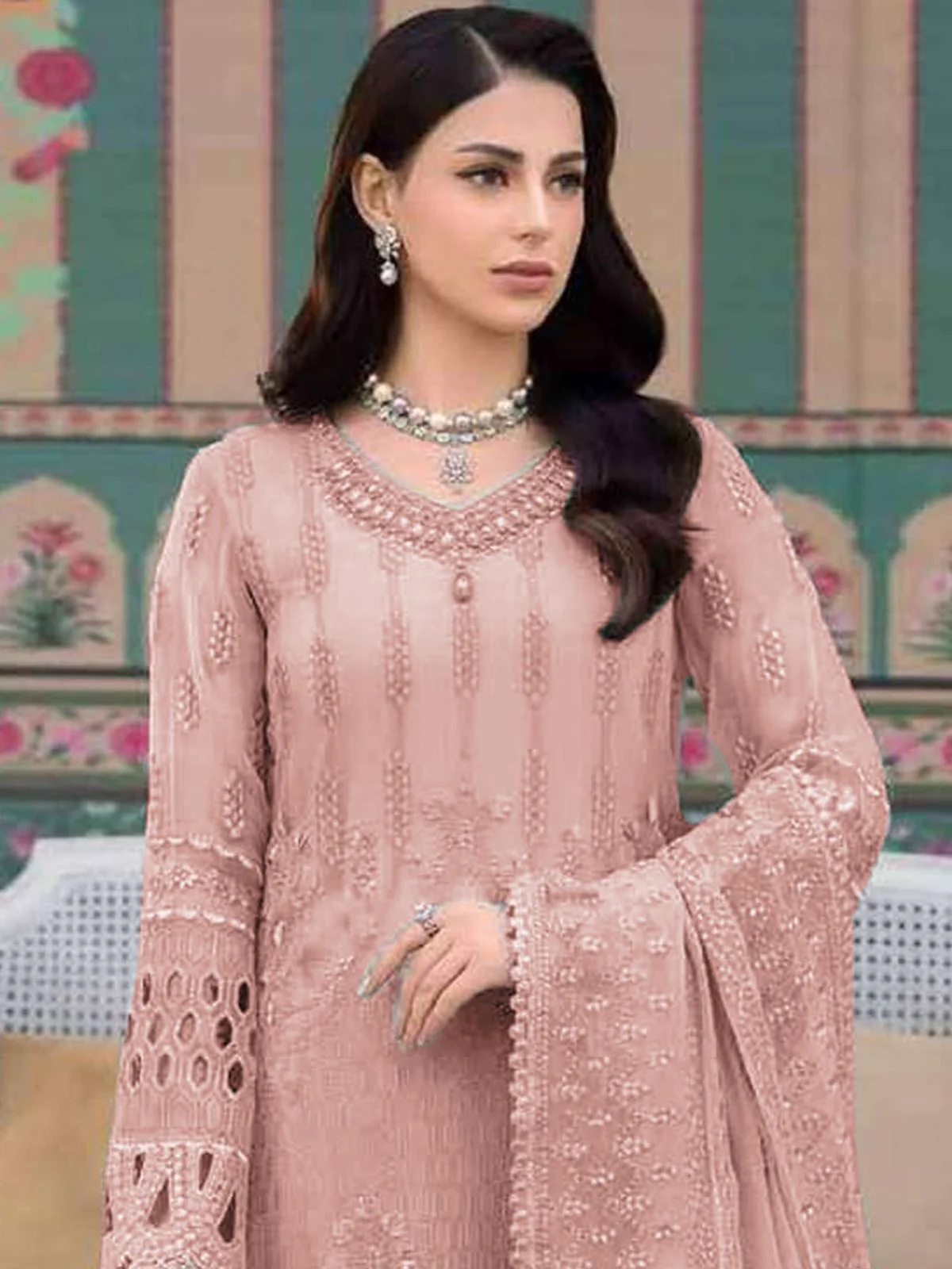 Odette Peach Georgette  Embroidered Semi-Stitched Kurta Set For Women - Image 2