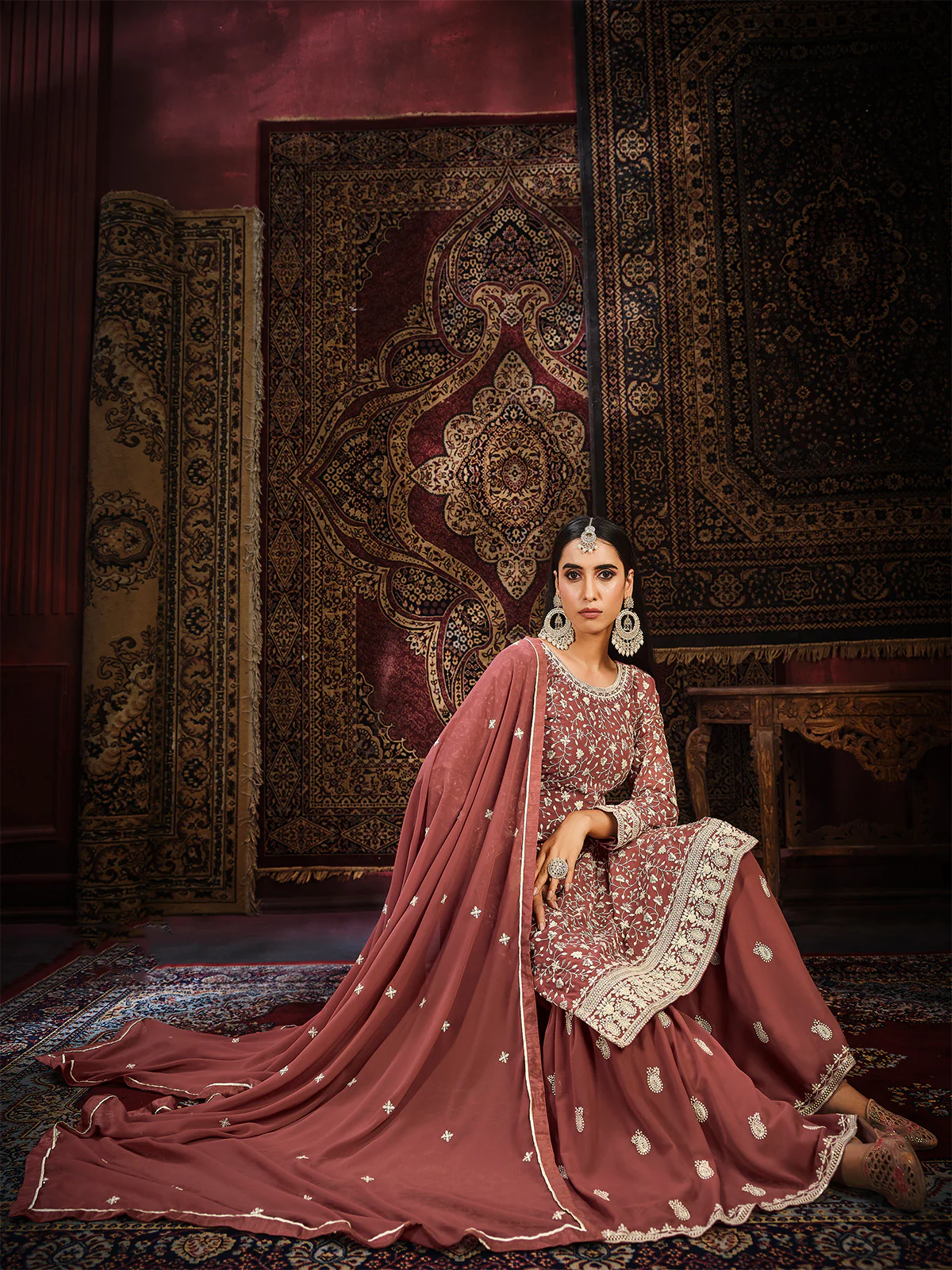 Odette Peach Georgette Embroidered Semi stitched Kurta Set with Inner For Women - Image 3