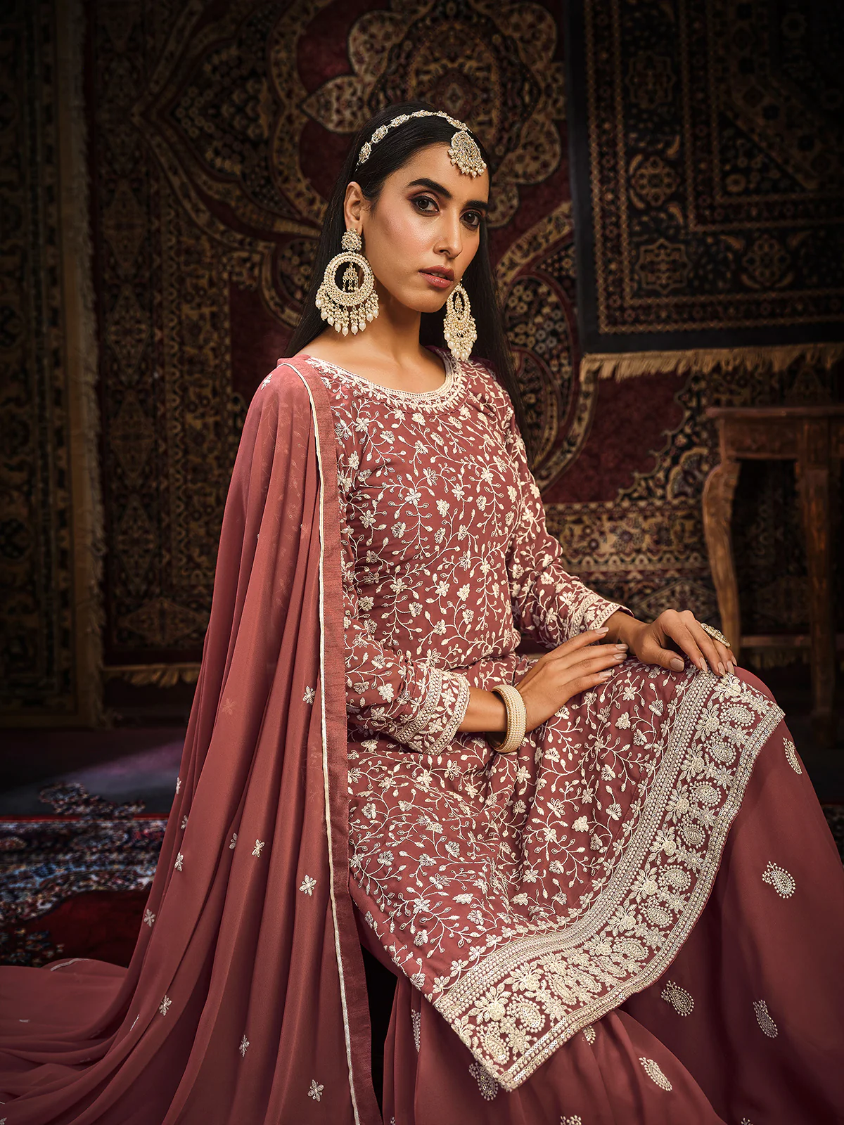 Odette Peach Georgette Embroidered Semi stitched Kurta Set with Inner For Women - Image 4