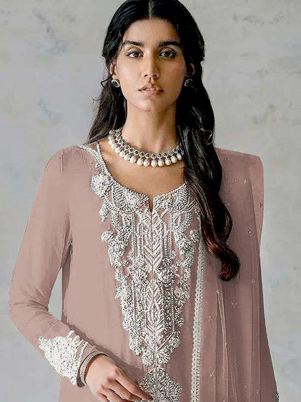 Odette Peach Georgette Embroidered Semi Stitched Salwar Suit For Women - Image 2