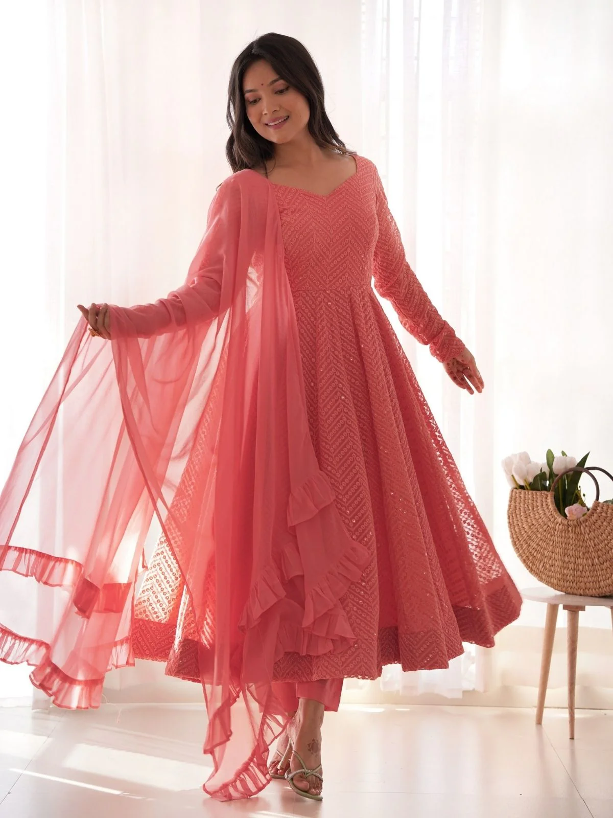 Odette Peach Georgette Embroidered Stitched Kurta Set For Women - Image 2