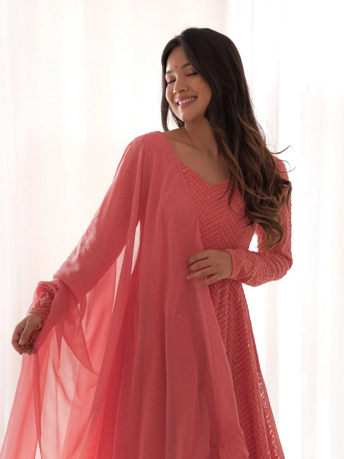 Odette Peach Georgette Embroidered Stitched Kurta Set For Women - Image 5