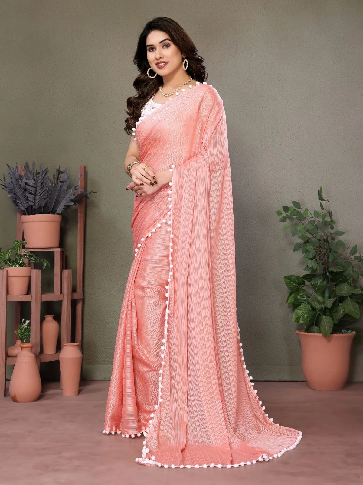 Odette Peach Georgette Plain Saree For Women - Image 2