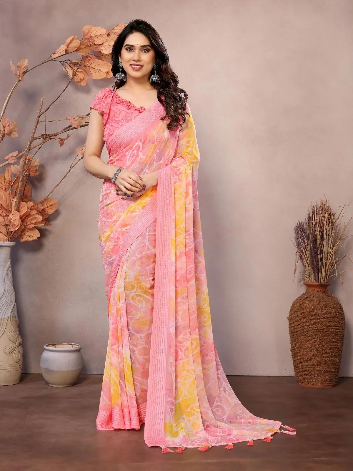Odette Peach Georgette Printed Saree For Women