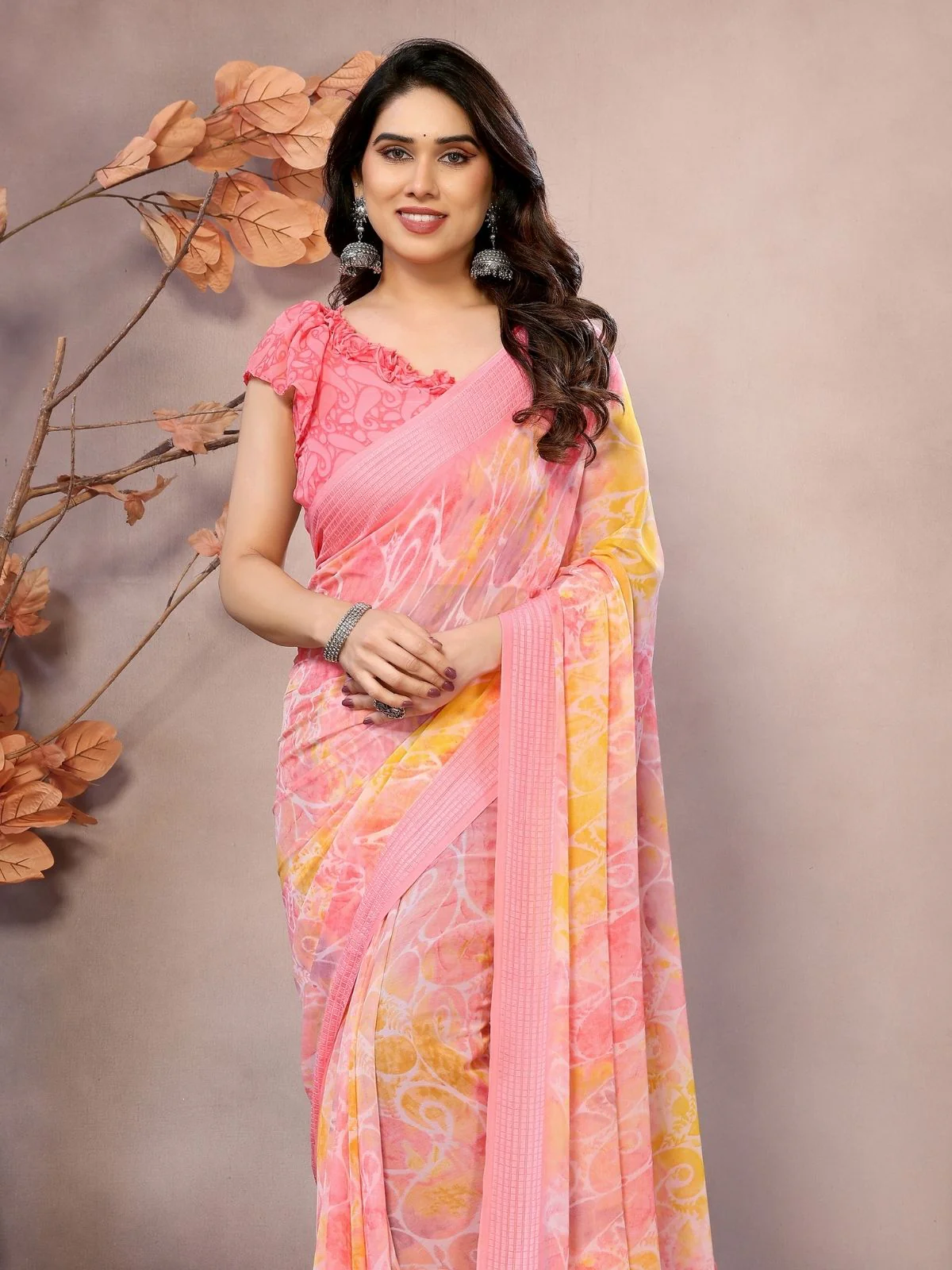 Odette Peach Georgette Printed Saree For Women - Image 4
