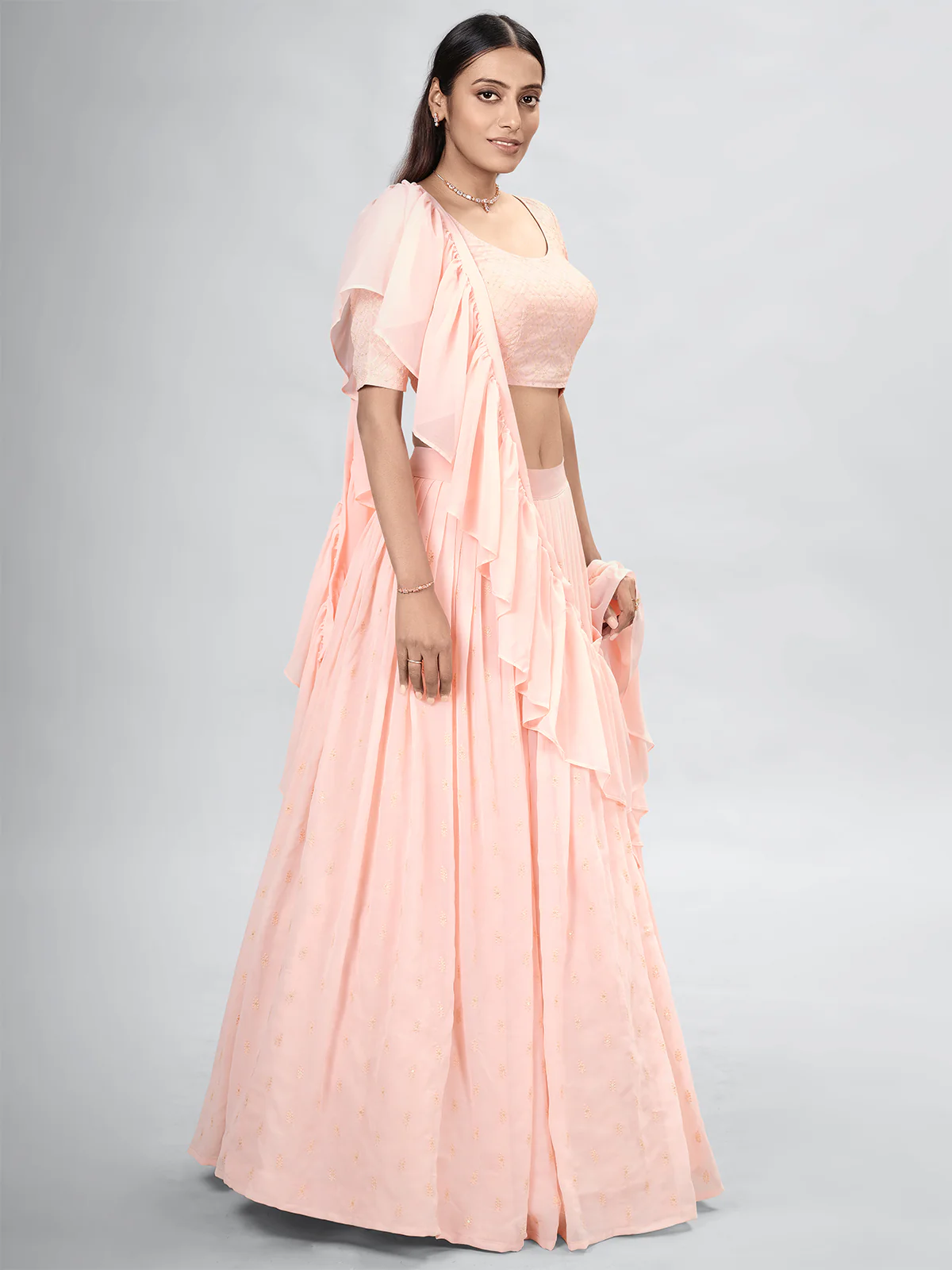 Odette Peach Georgette Printed Semi Stitched Lehenga With Unstitched Blouse For Women - Image 2