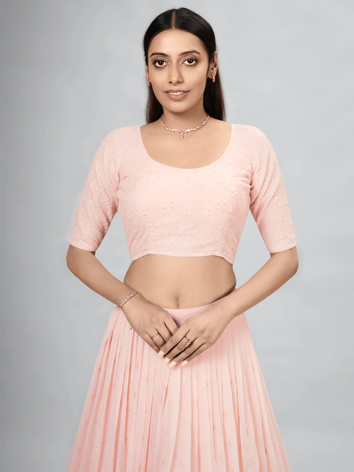 Odette Peach Georgette Printed Semi Stitched Lehenga With Unstitched Blouse For Women - Image 3