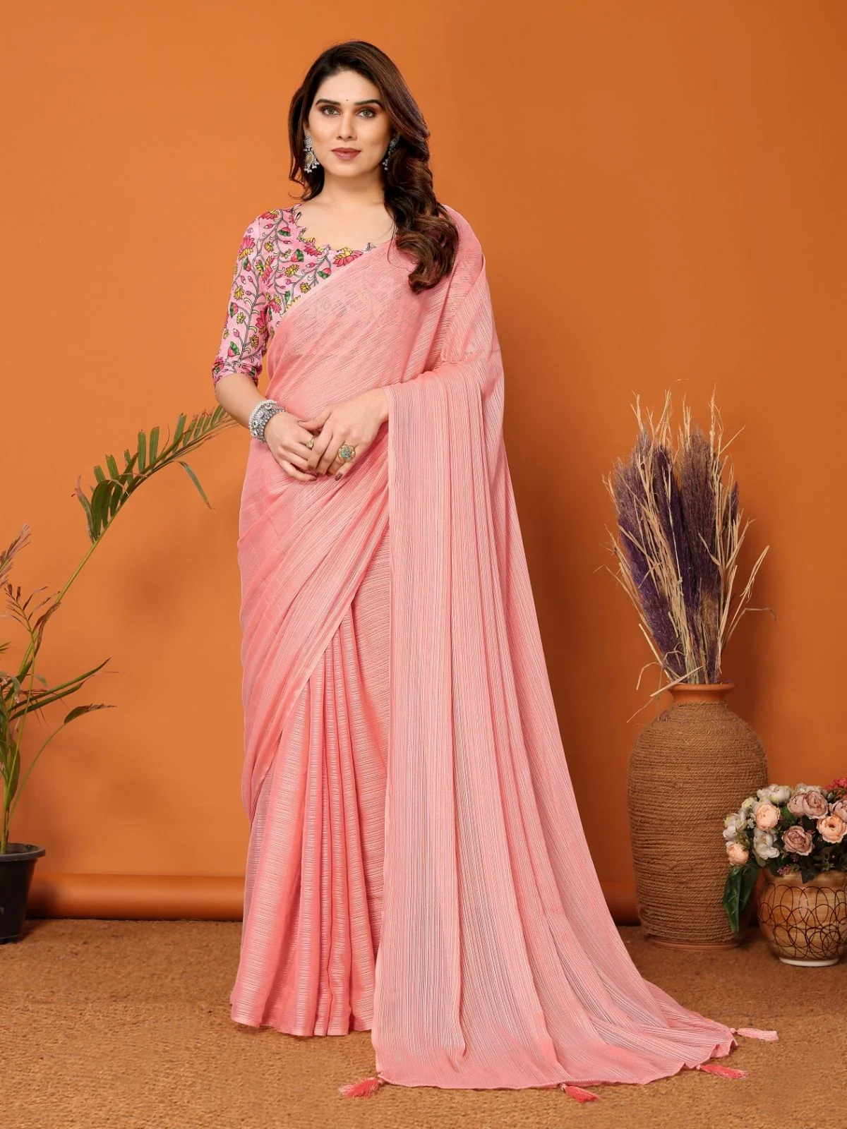 Odette Peach Georgette Solid Saree For Women
