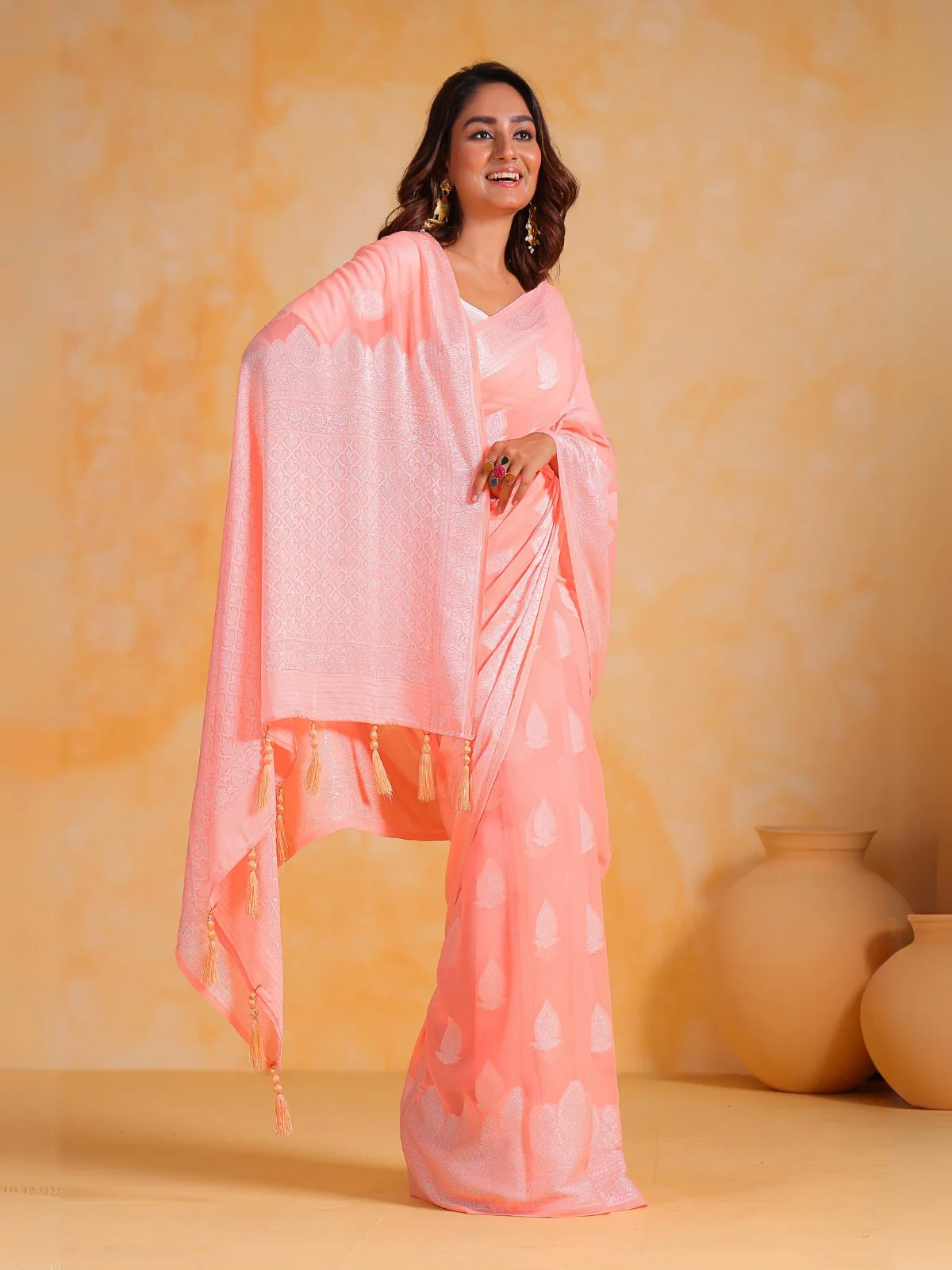 Odette Peach Georgette Woven Design Saree With Unstitched Blouse For Women - Image 3