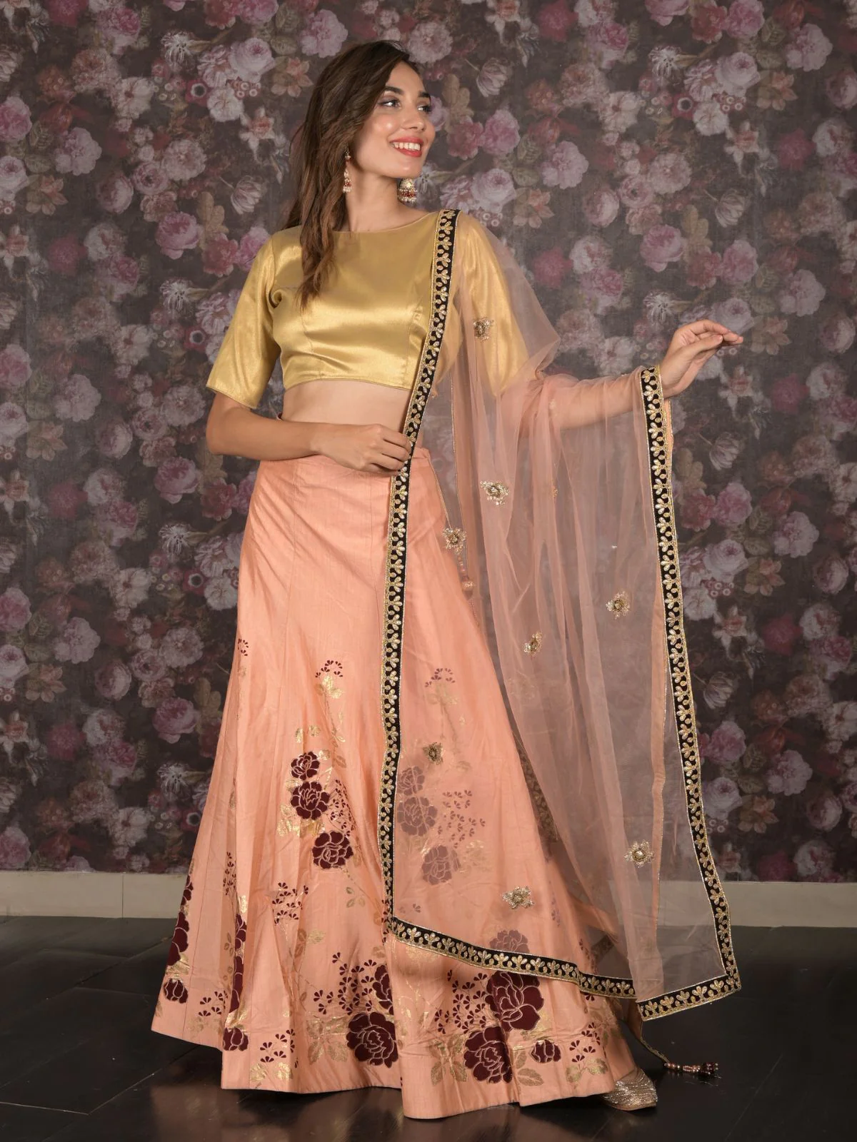 Odette Peach Hand Printed Semi Stitched Lehenga Set With Dupatta And Unstitched Blouse For Women - Image 2