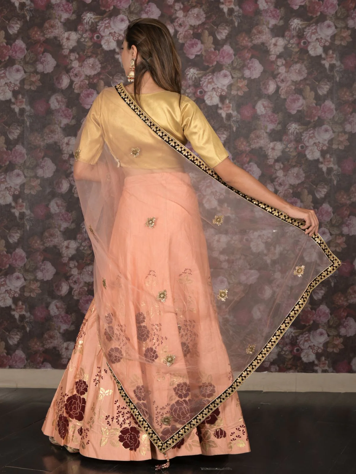 Odette Peach Hand Printed Semi Stitched Lehenga Set With Dupatta And Unstitched Blouse For Women - Image 4