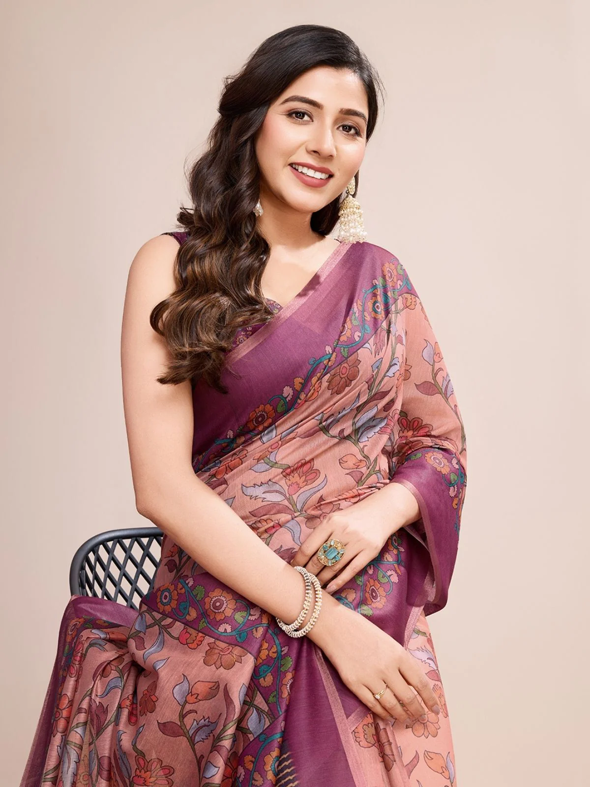 Odette Peach Linen Printed Saree With Unstitched Blouse For Women - Image 3