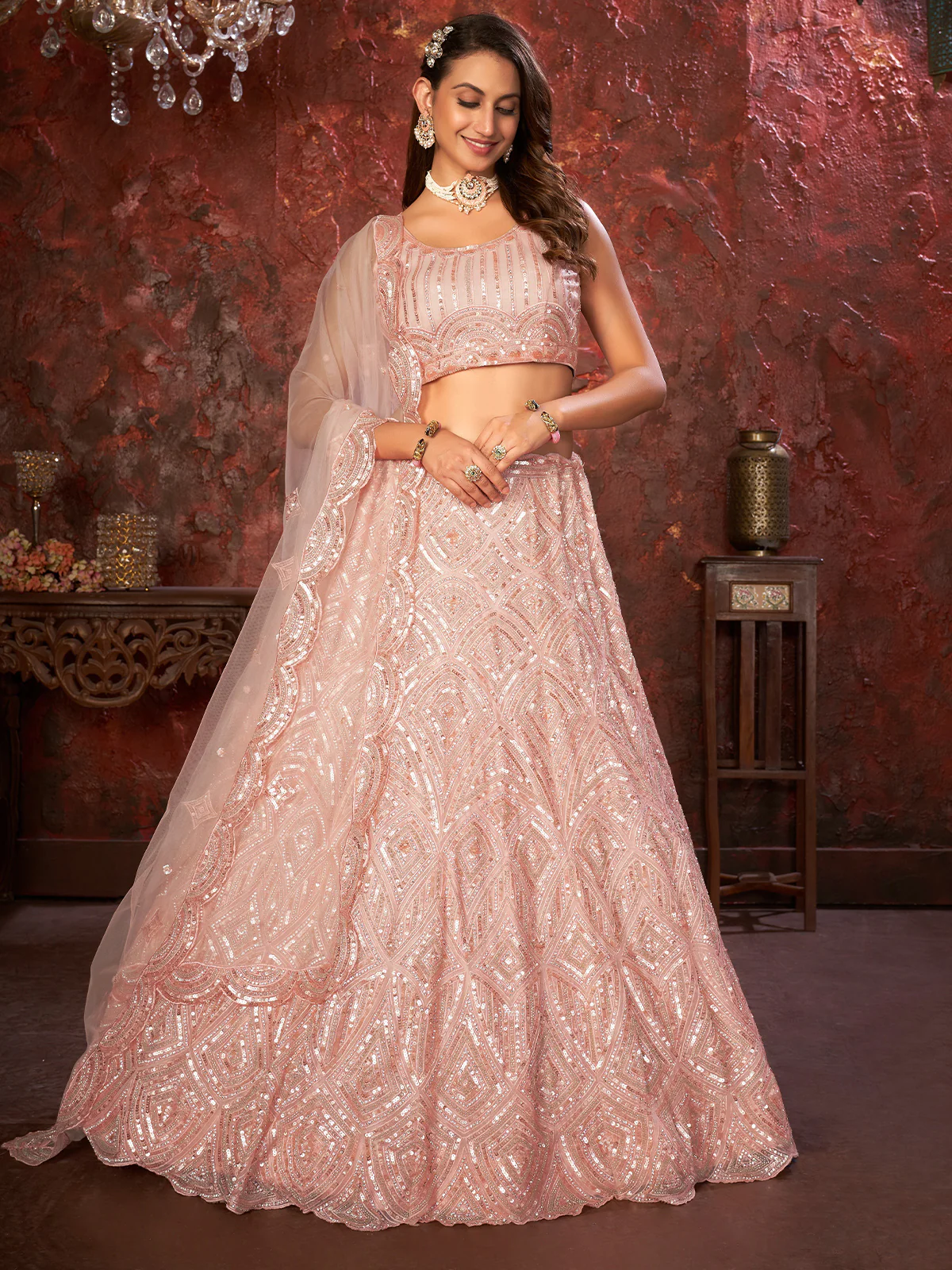 Odette Peach Net Embellished Semi Stitched Lehenga With Unstitched Blouse for Women