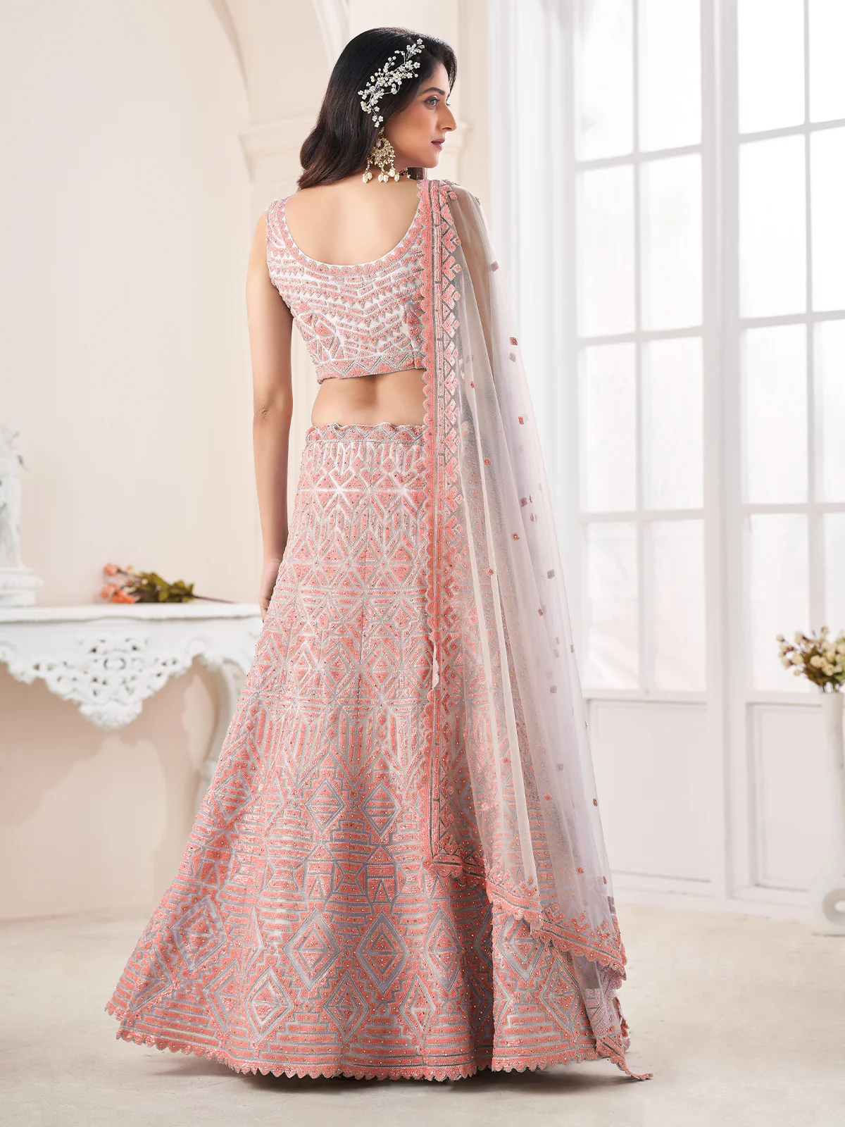 Odette Peach and Grey Net Embellished Semi Stitched Lehenga With Unstitched Blouse for Women - Image 3