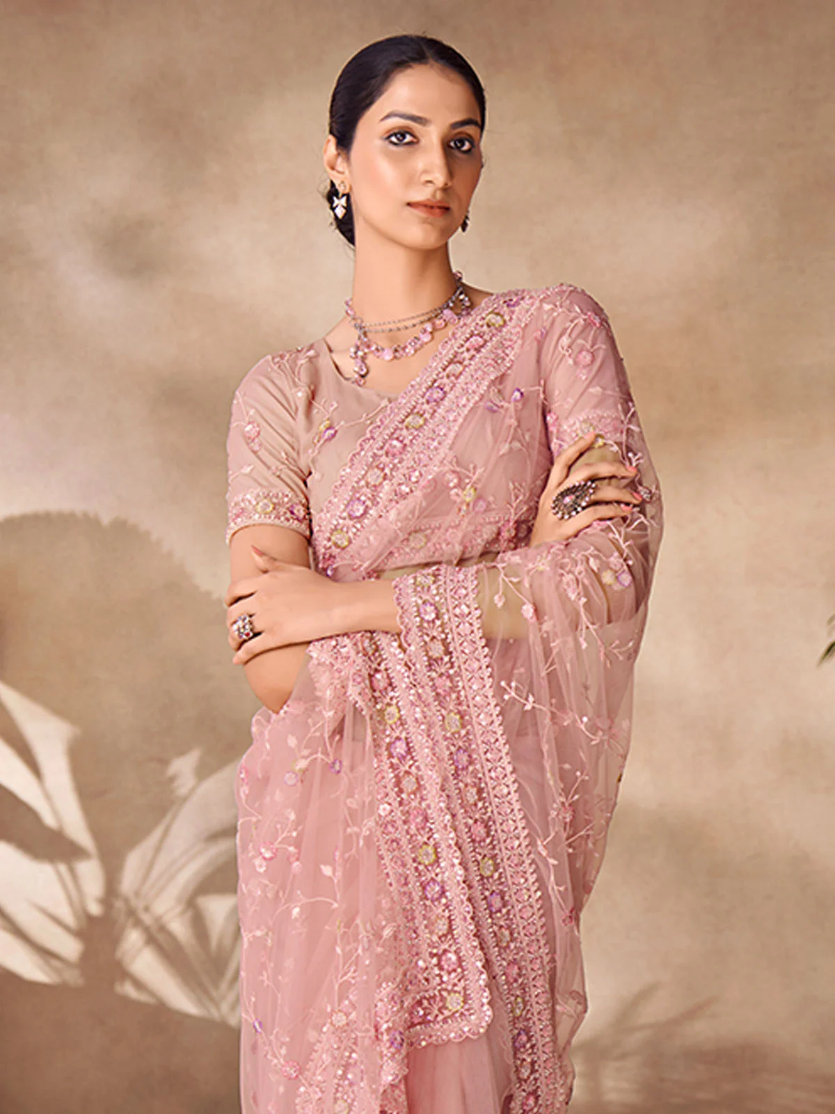Odette Peach Net Embroidered Saree With Unstitched Blouse For Women - Image 3