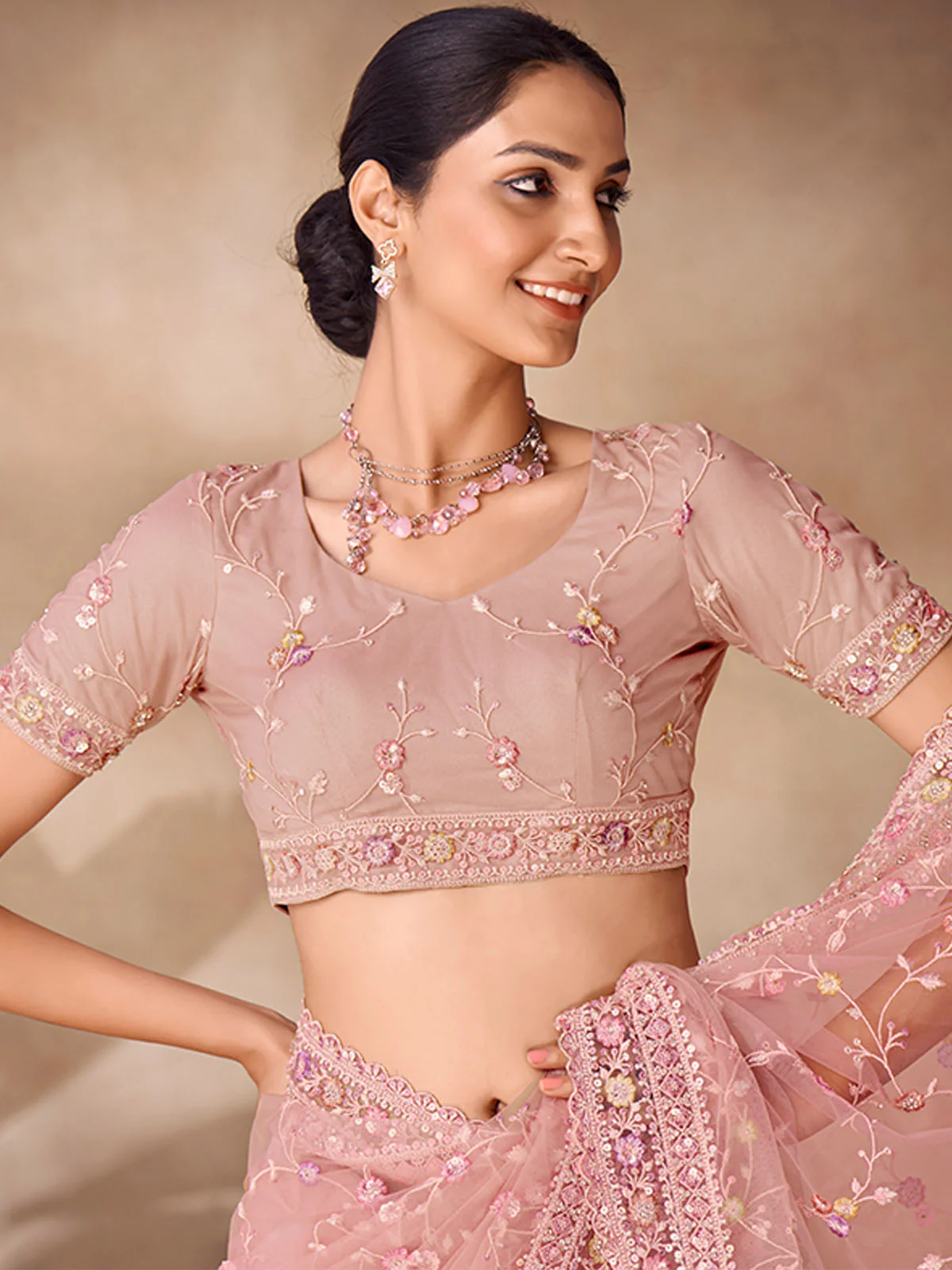 Odette Peach Net Embroidered Saree With Unstitched Blouse For Women - Image 4