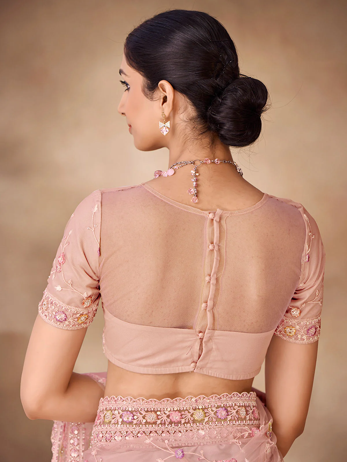 Odette Peach Net Embroidered Saree With Unstitched Blouse For Women - Image 5