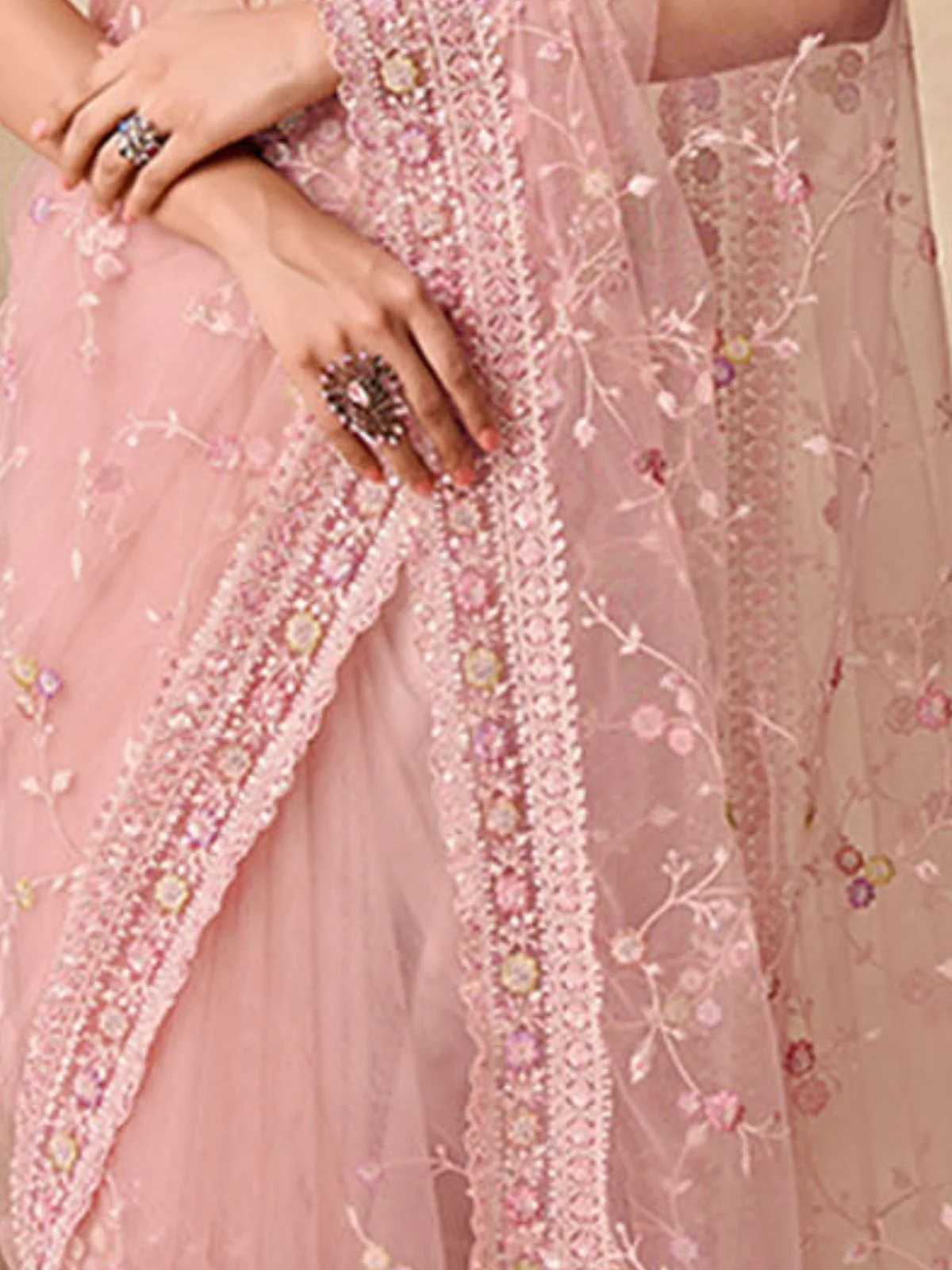 Odette Peach Net Embroidered Saree With Unstitched Blouse For Women - Image 6
