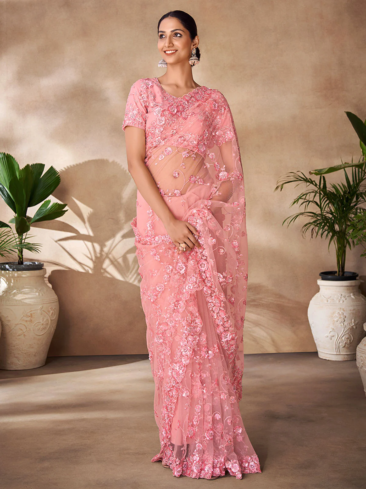 Odette Peach Net Embroidered Saree With Unstitched Blouse For Women - Image 2
