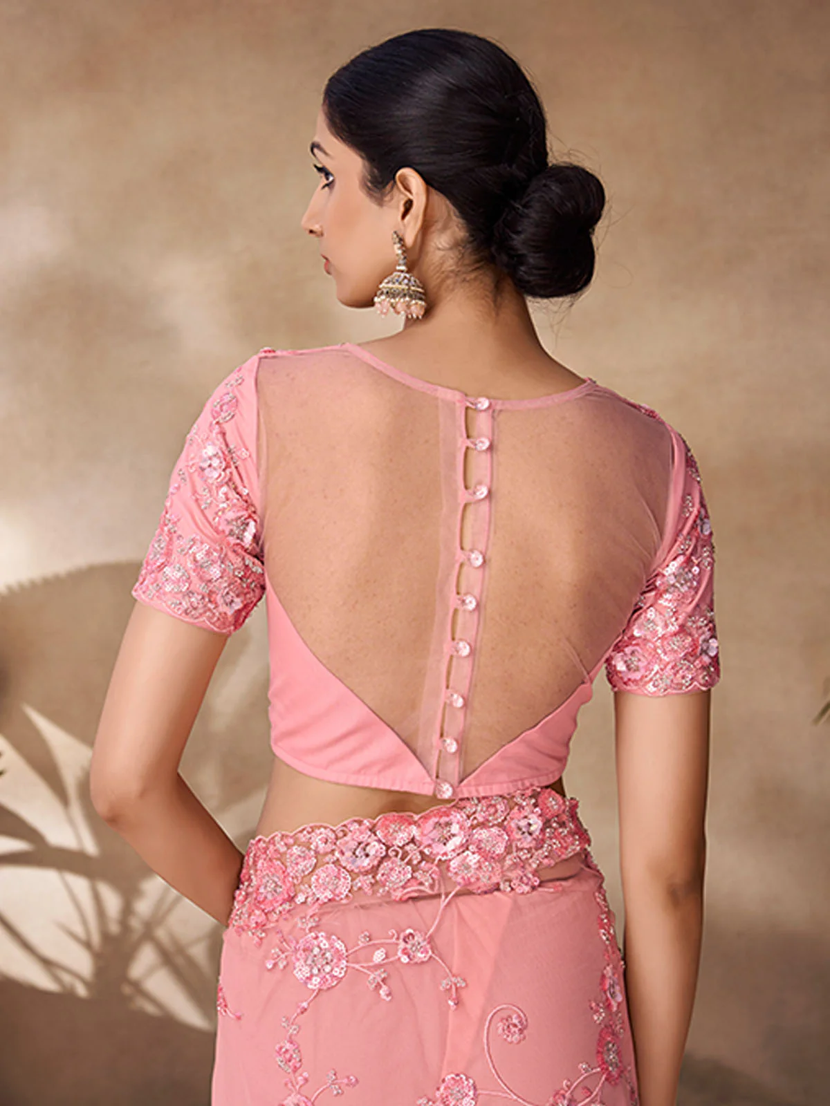 Odette Peach Net Embroidered Saree With Unstitched Blouse For Women - Image 5