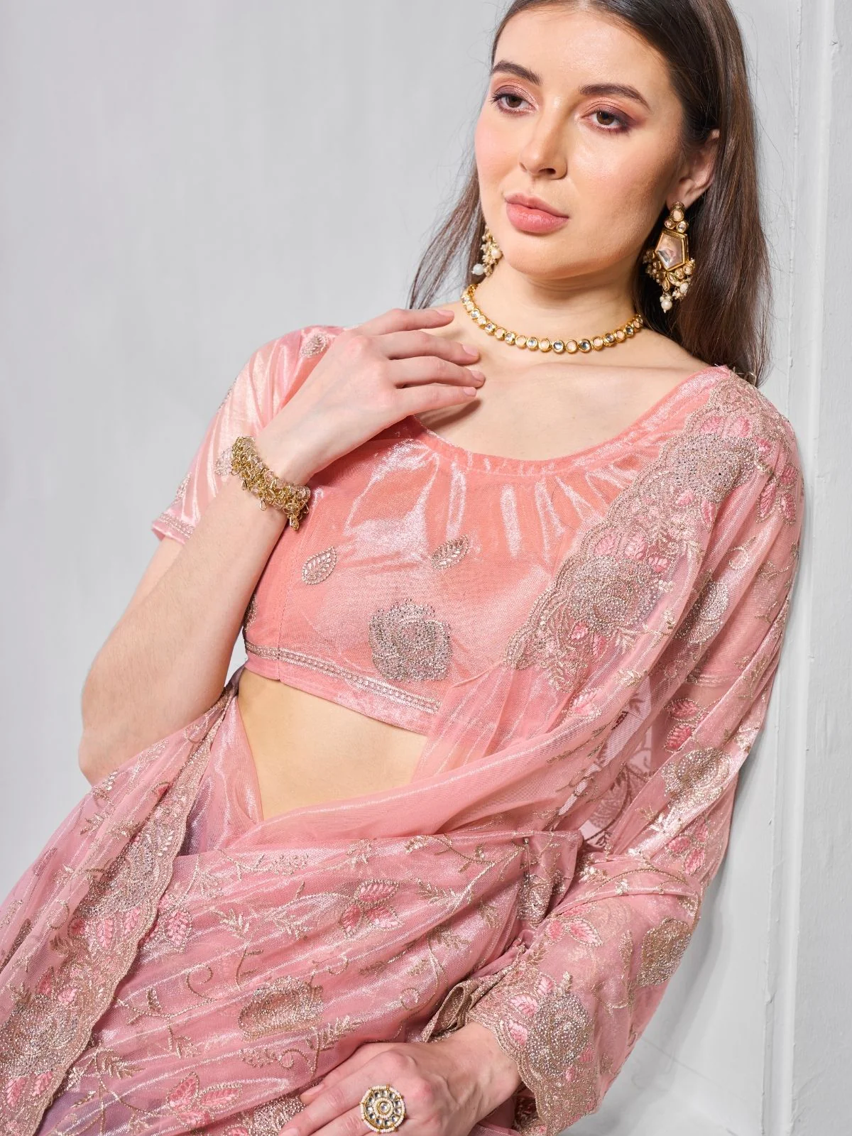 Odette Peach Net Embroidered Saree With Unstitched Blouse For Women - Image 6