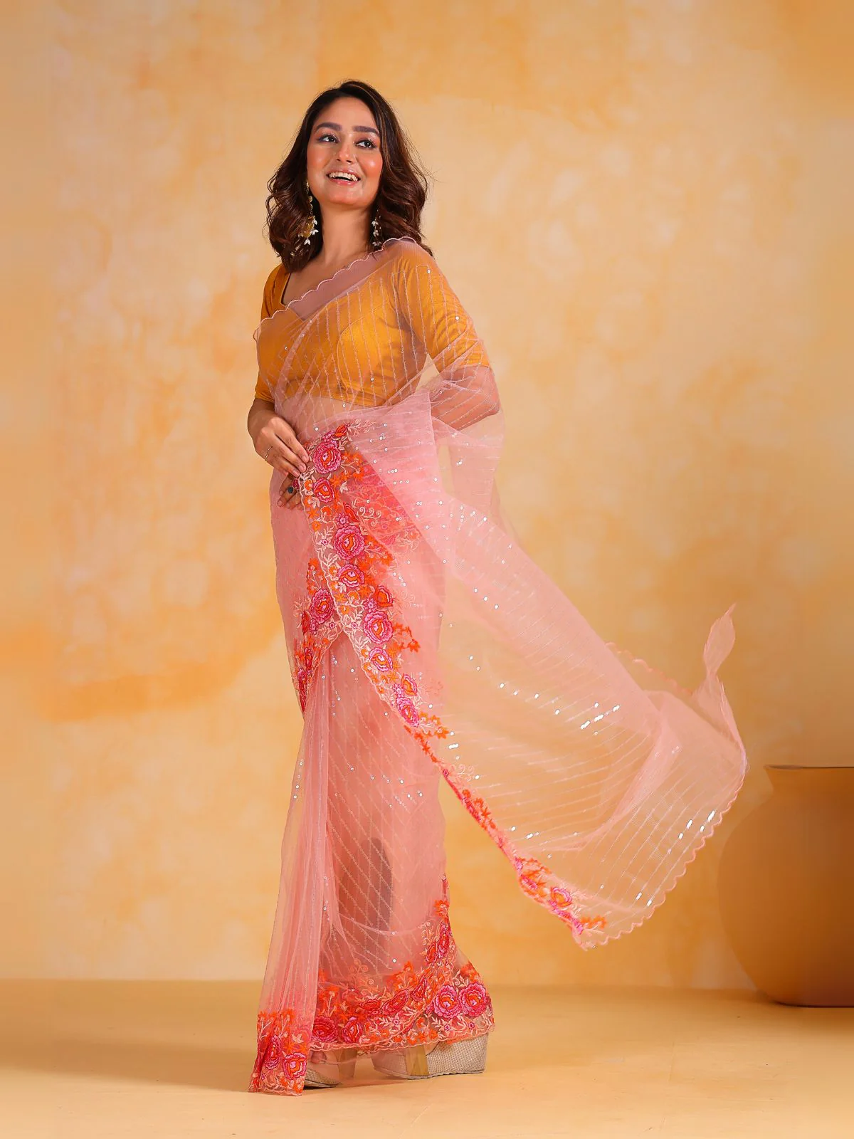 Odette Peach Net Embroidered Saree With Unstitched Blouse For Women - Image 2