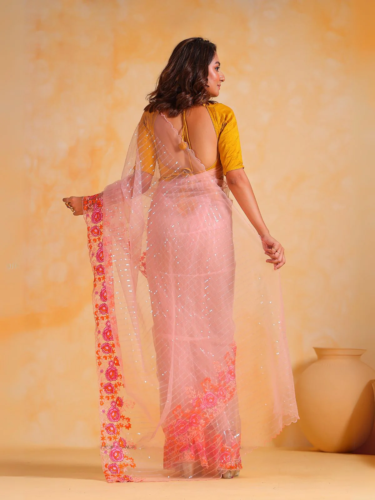 Odette Peach Net Embroidered Saree With Unstitched Blouse For Women - Image 4