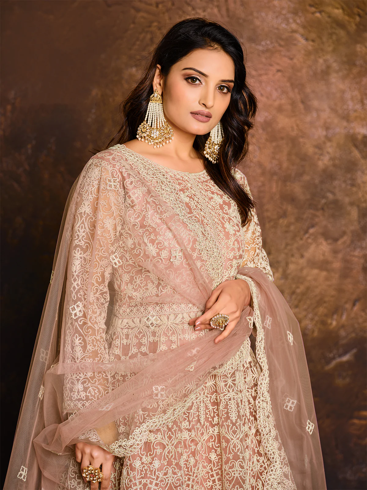 Odette Peach Net Embroidered Semi stitched Kurta Set with Inner For Women - Image 3