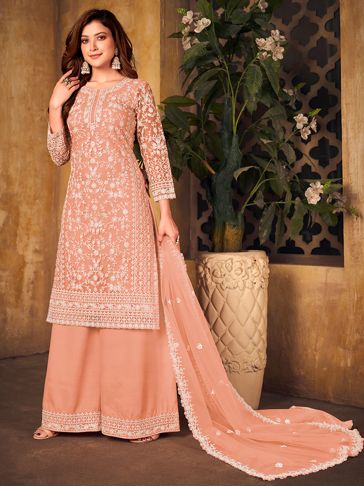Odette Peach Net Embroidered Semi stitched Kurta Set with Inner For Women - Image 2