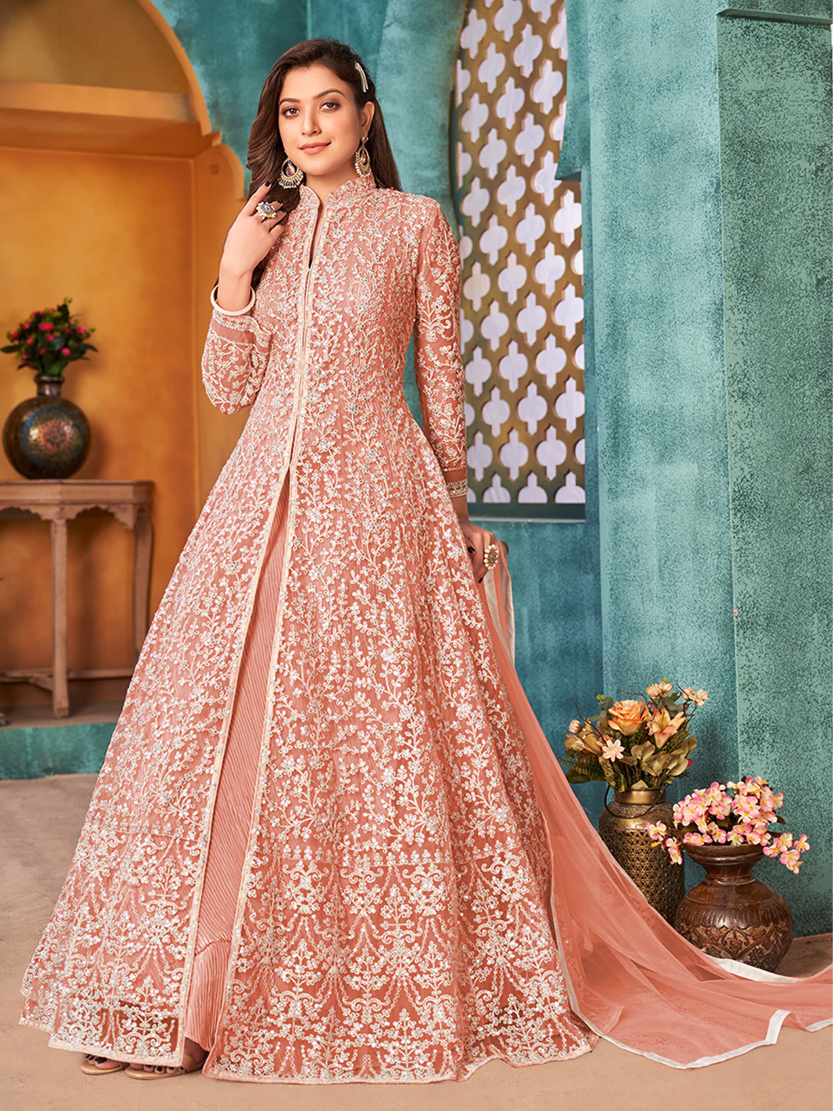 Odette Peach Net  Embroidered Semi stitched Kurta Set with Inner For Women - Image 2